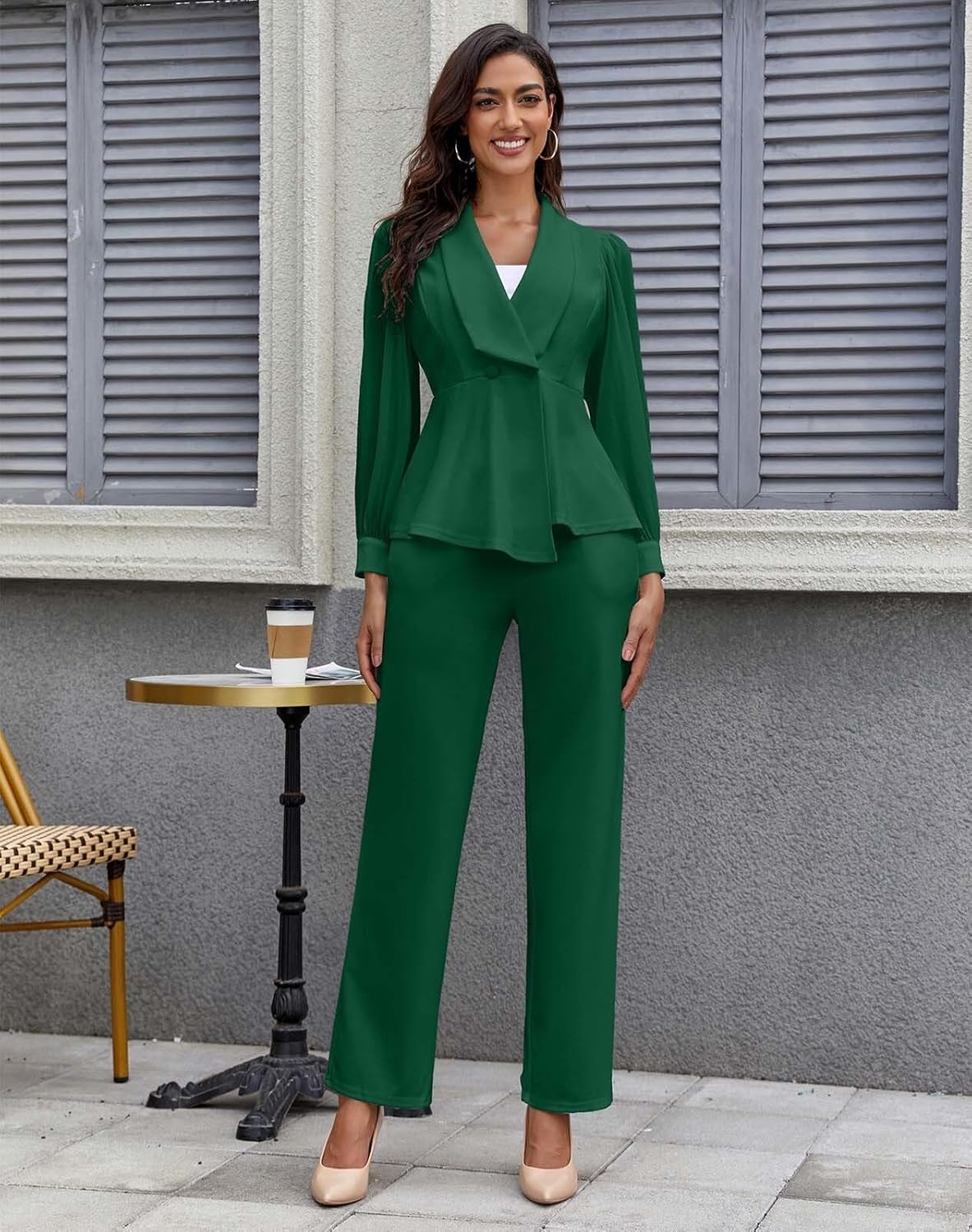Annystore Pant Suits for Women Dressy Mesh Sheer Sleeve Ruffle Blazer Wide Leg Pants Pantsuit Sets Casual Work Outfit - Image 5