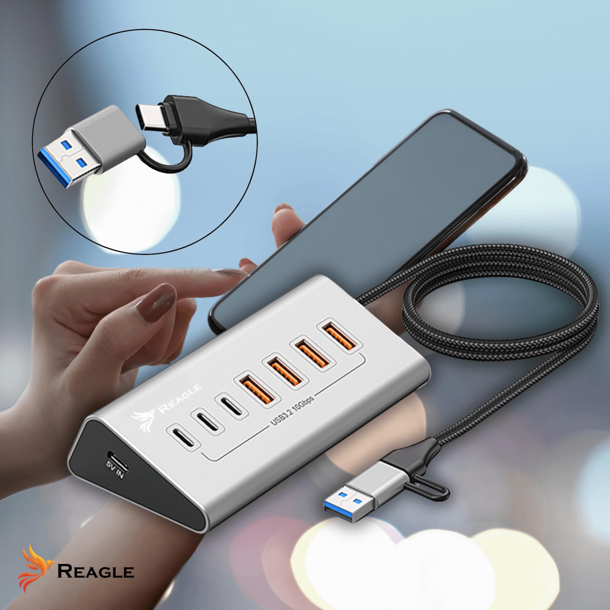 REAGLE Hub a 7 porte, USB 3.2 con cavo da 100 cm per desktop, 7 in 1, 4 x USB-A e 3 x USB-C, Plug and Play, distributore USB in alluminio 10 Gbps, per PC, laptop, MacBook, U-Disk, mouse