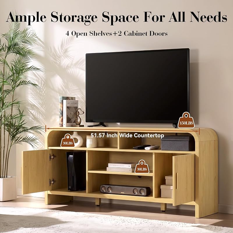 Curved Profile TV Stand for TVs Up to 65" | [P2 Engineered Wooden Board] 4 Open Storage & 2 Enclosed Cabinets, Television Console, Entertainment Center Media Cabinet image 4