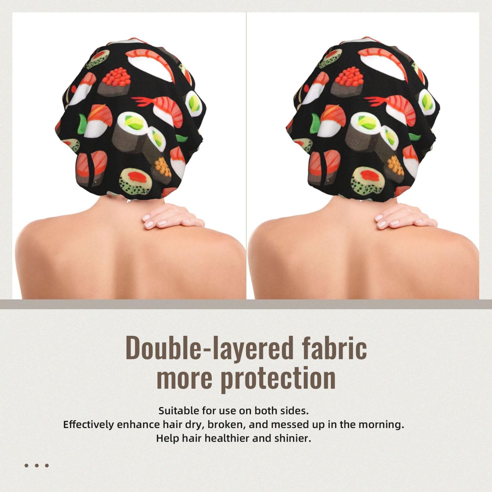 Double Layer Reversible Hair Wrap Satin Sleep Japanese Sushi Shrimp Cap Bonnet for Braid Curly Hair Satin Bonnet Black