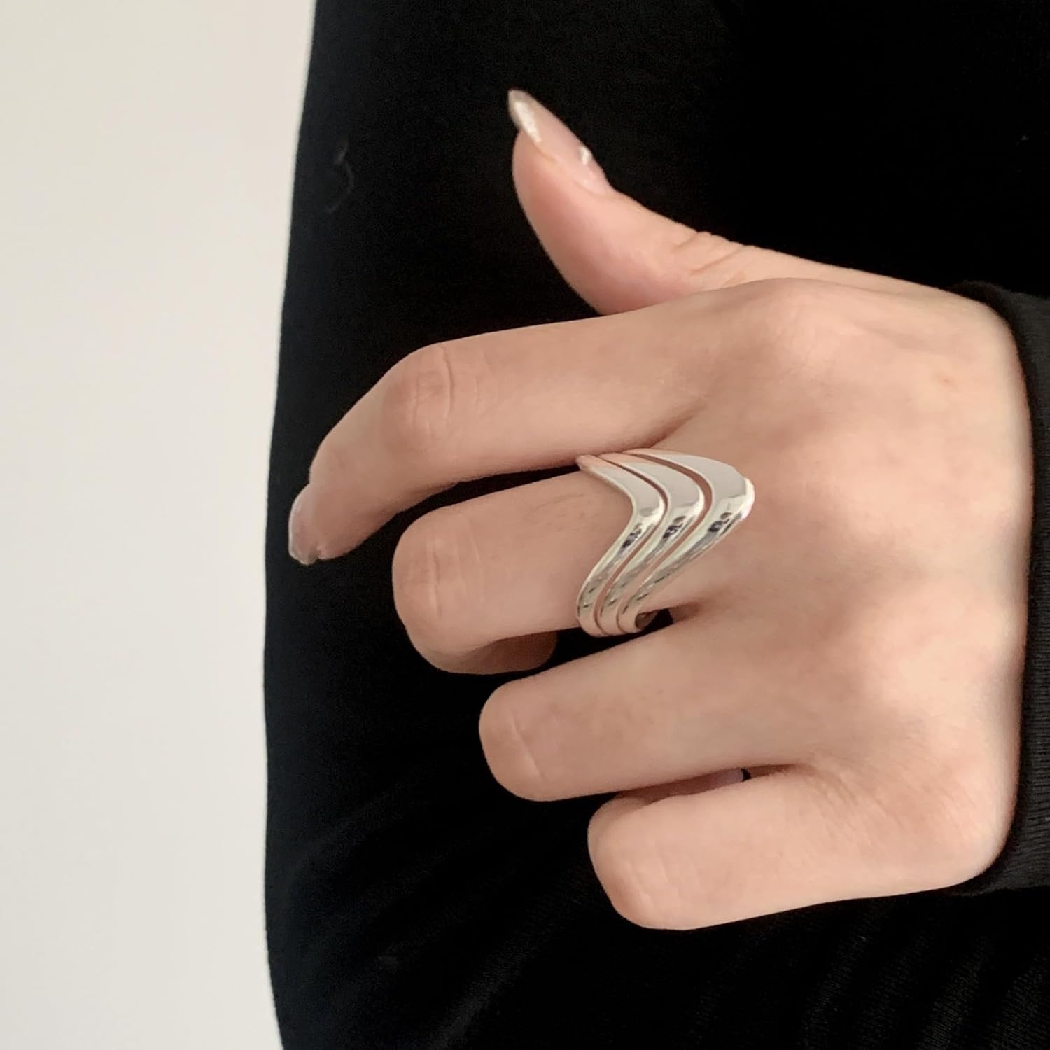 Silver V Shaped Open Rings for Women,Stackable V shape Minimalist Ring Silver Irregular Bend Twist Adjustable Modern Ring Jewelry Gifts for Women - Image 3