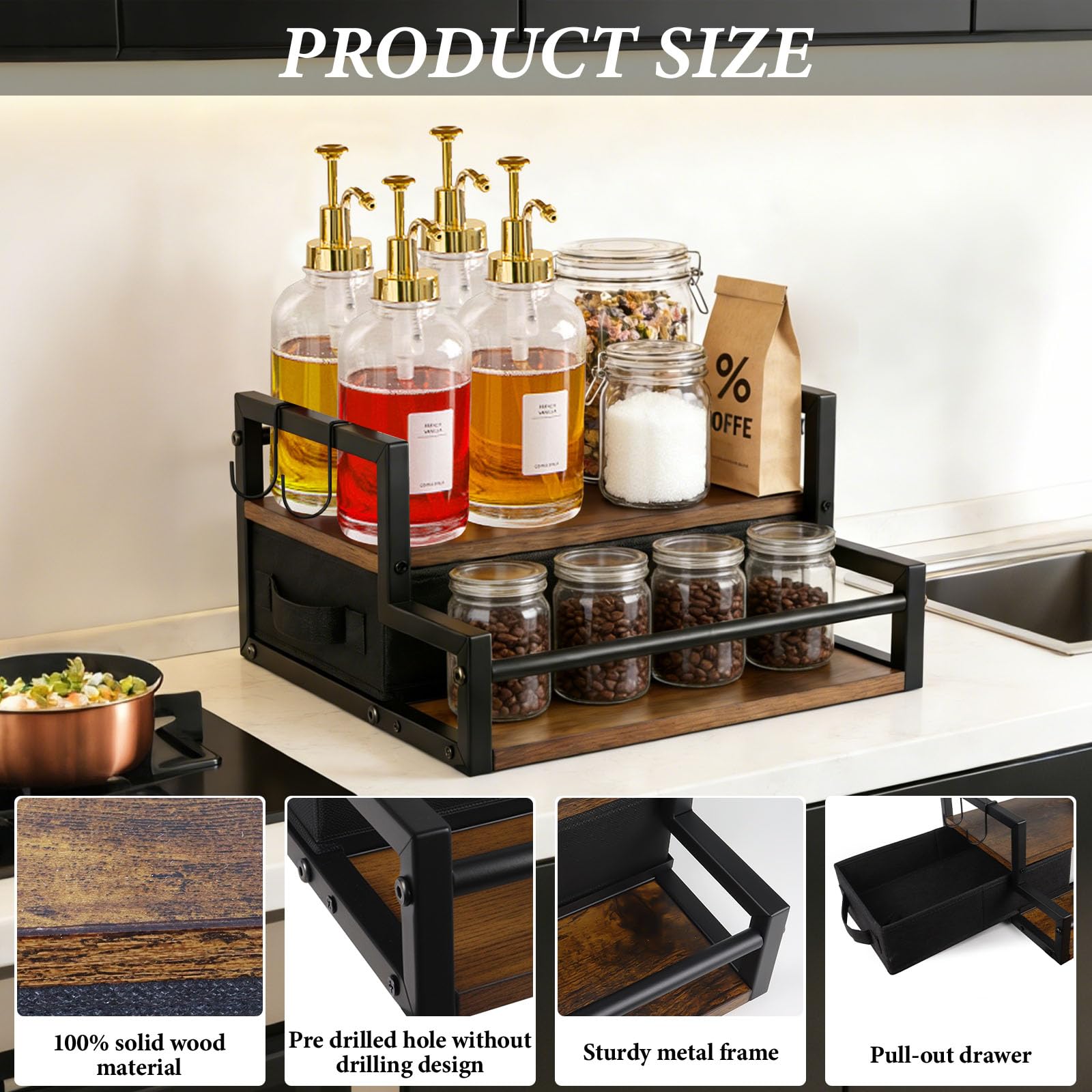 Organizador de Café con Cajón de Almacenamiento, Estantería de 2 Niveles de Madera para Cafetera y Accesorios - Barra de Café para Cocina, Hogar u Oficina (Marrón)
