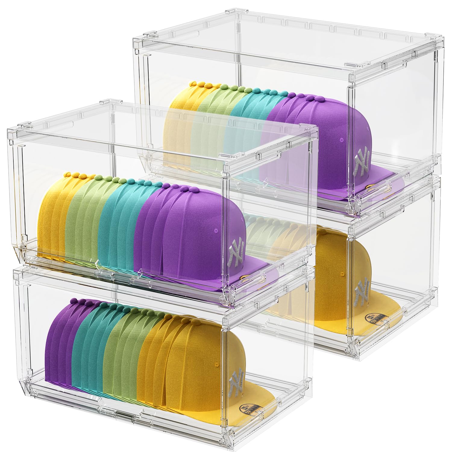 4 Pack Large Hat Organizer Box, Stackable Clear Baseball Caps Holder Box Containers with Sliding Door for Hats Snapback Cap Storag, Hat Rack Display Case, Holds 20 Hats Each -Clear