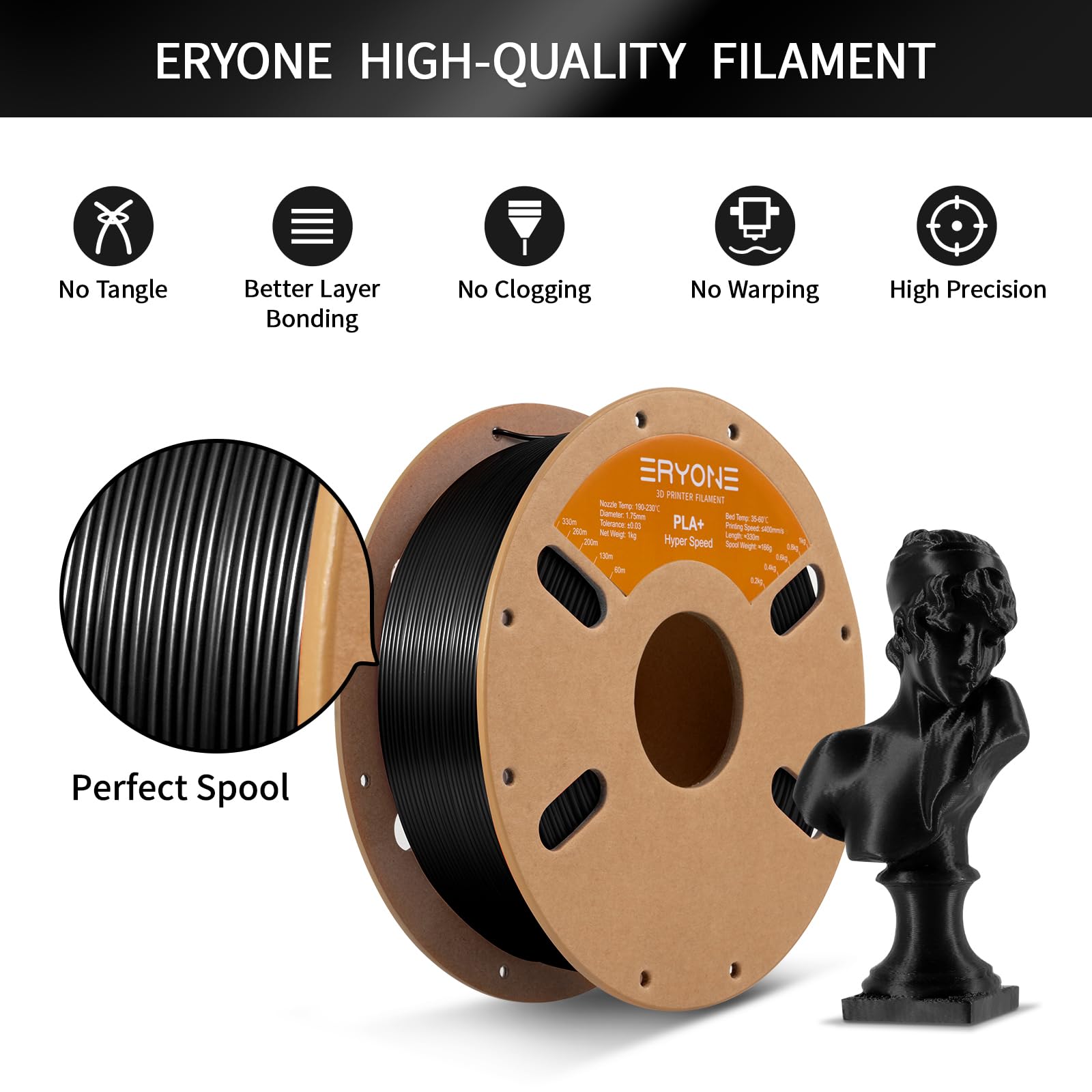 ERYONE High Speed Filament PLA+ 1.75mm +/- 0.03mm, Rapid PLA Plus Filament, 30-400mm/s Hyper Speed PLA+ Filament, 1kg (2.2LBS)/Spool, Black