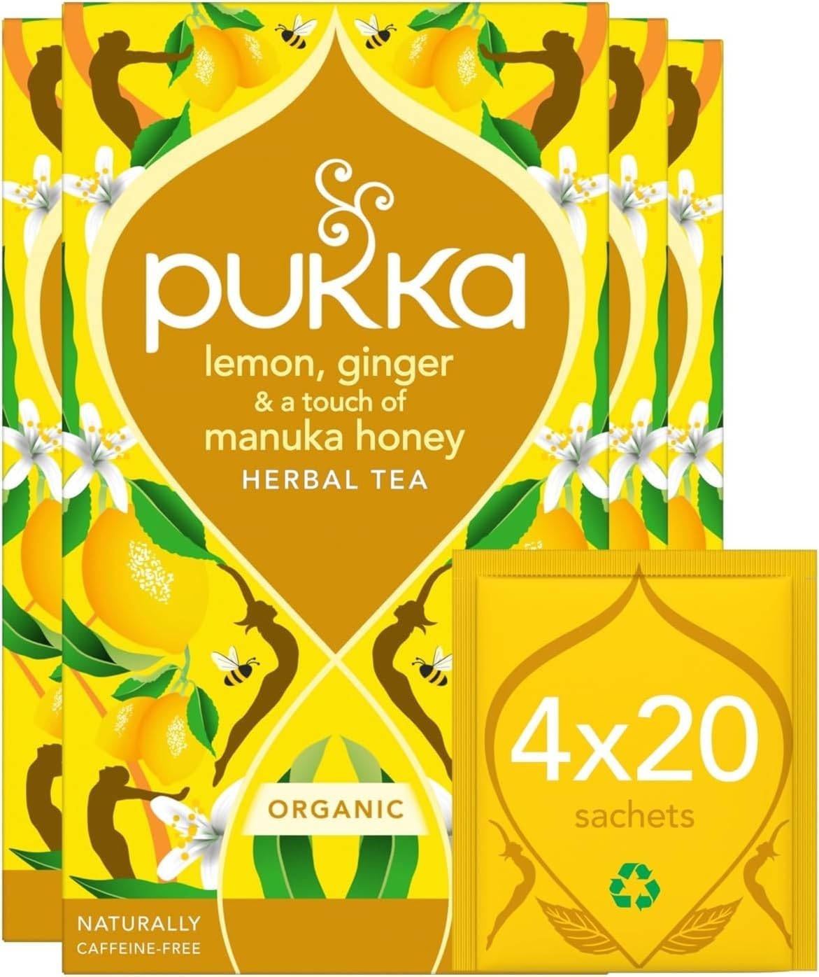Organic Lemon, Ginger & Manuka Honey Herbal Tea Box | Immune Boosting Infusion With Turmeric | Ideal For Daily Support | Caffeine Free | 4 Packs | 80 Plant Based Biodegradable Tea Bags