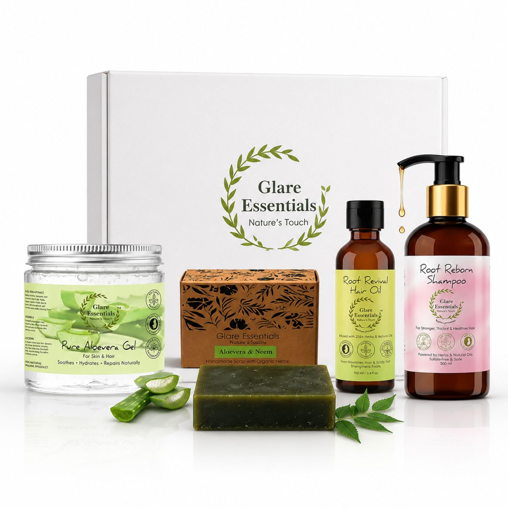 Glare Essentials Festive Gift Hamper | Root Reborn Shampoo + Root Revival Hair Oil + Pure Aloe Vera Gel + Handmade Soap Bar + Loofah Bar | Self-Care & Pampering Gift Set for All Occasions-picture-51