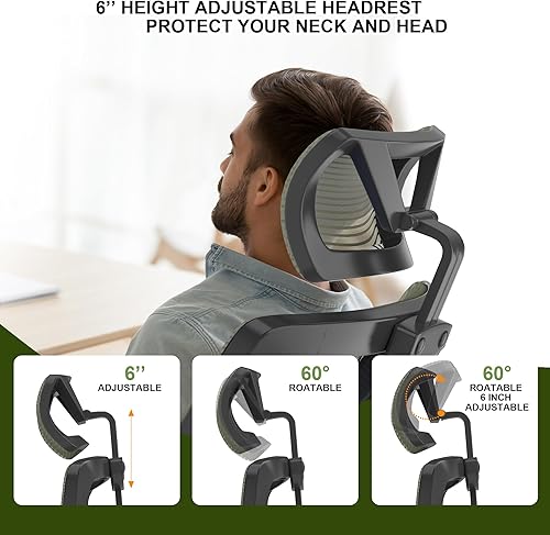 Miniatura 8 de Silla de oficina ergonómica con reposacabezas ajustable y soporte lumbar, silla de escritorio con respaldo alto con brazos abatibles, silla