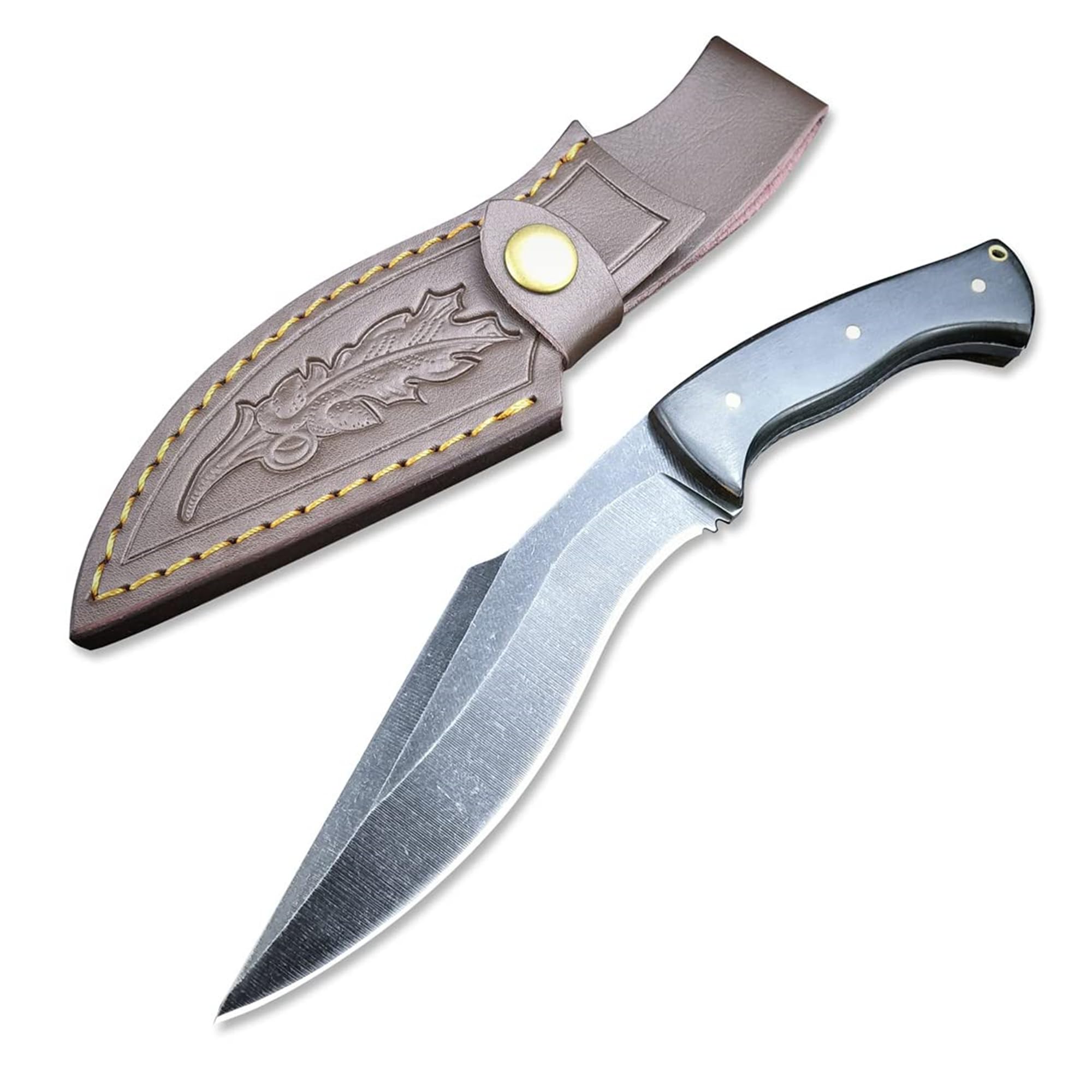 DAOFENG Kukri Knife Full Tang Fixed Blade With Leather Sheath Belt Loop Wood Handle