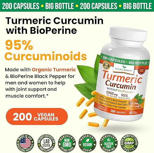 Miniatura 7 de Curcumina de cúrcuma con pimienta negra, polvo de cúrcuma orgánica, 200 cápsulas, 1965 mg extra fuerte, suplemento de apoyo para las articulaciones,