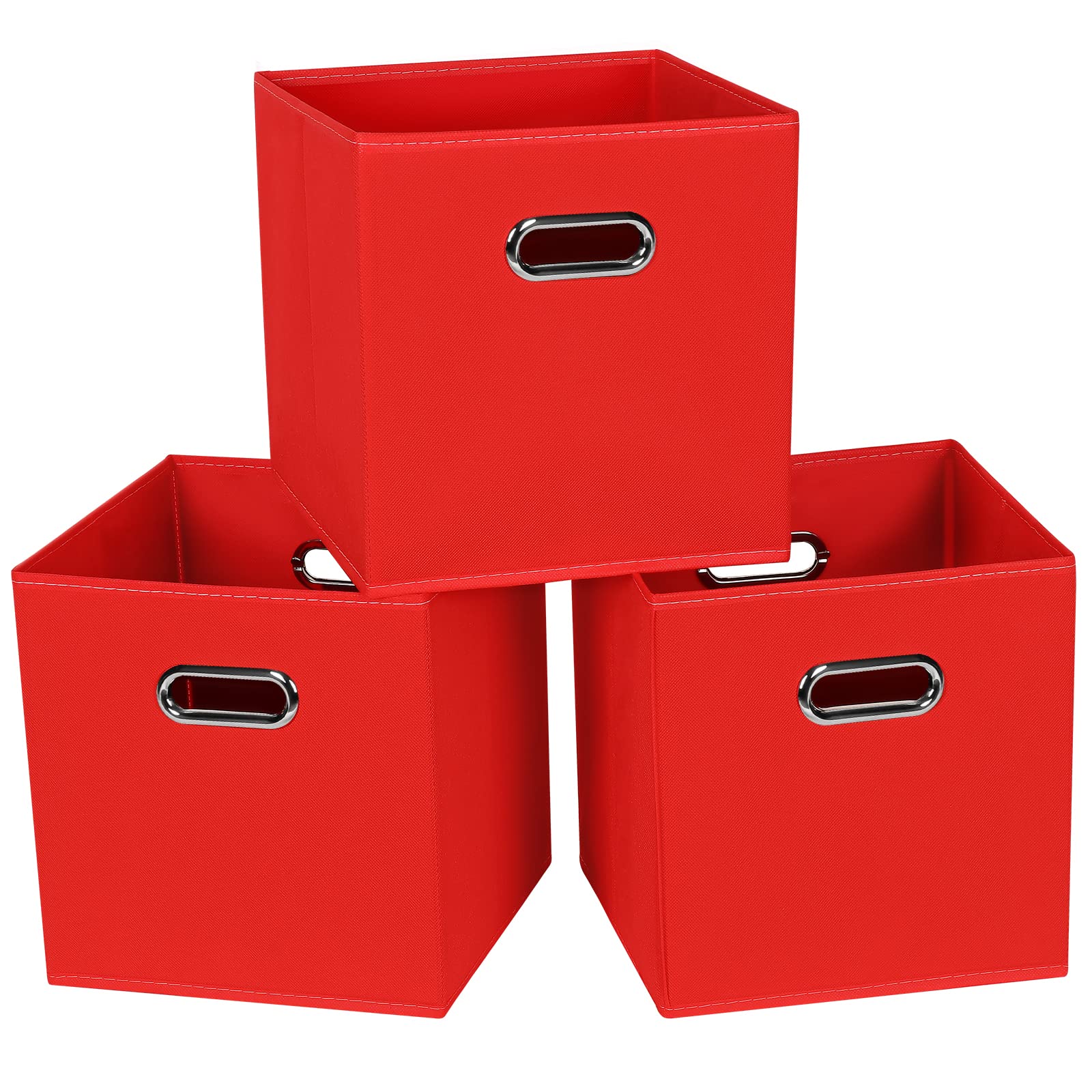 STOREONE Fabric Storage Bins Cubes Baskets Containers-(11X11X11) with Dual Handles for Shelf Closet, Nursery Home ， Bedroom Organizers, Foldable Set of 3 (Red)
