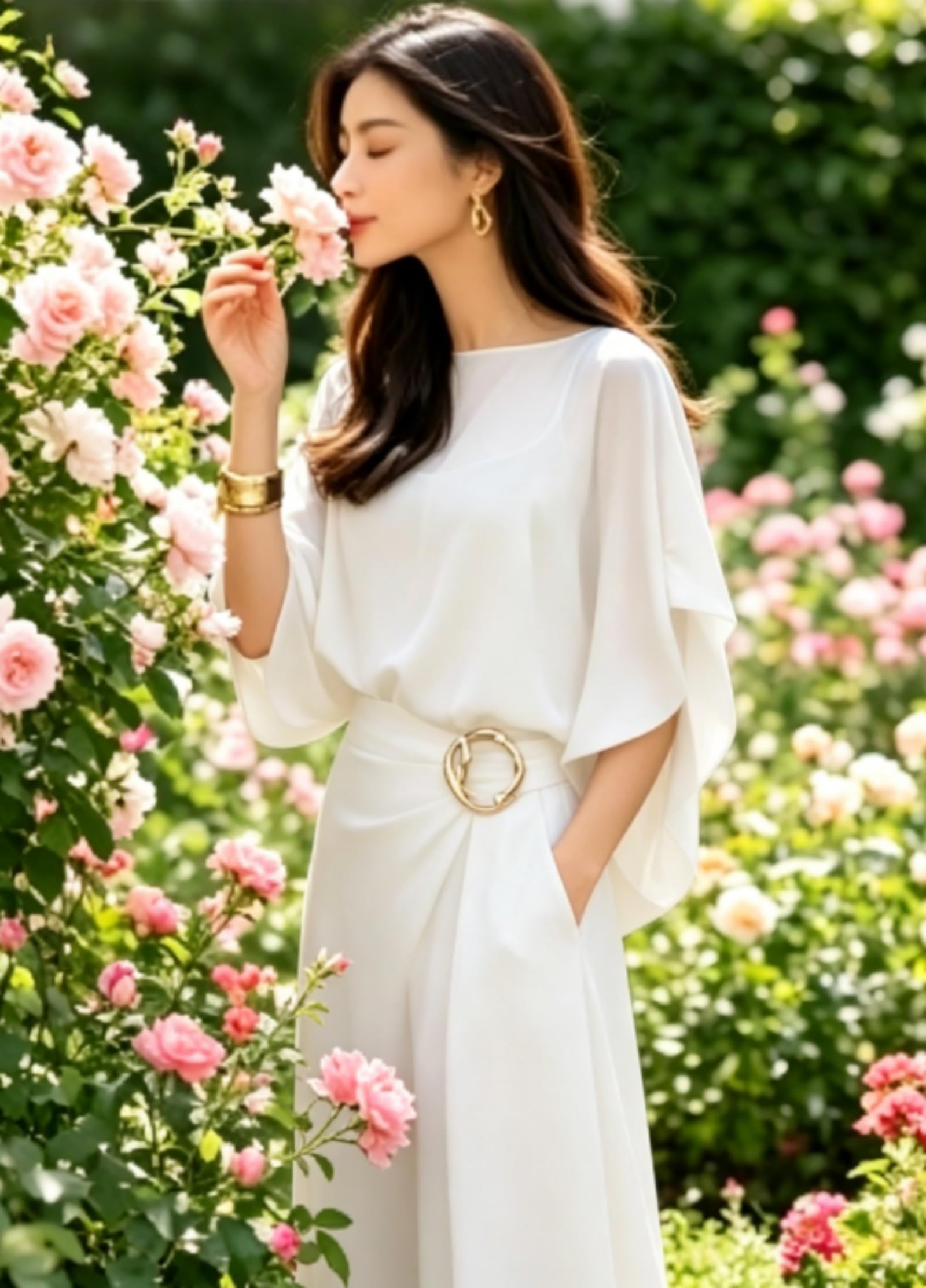 Generico Completo Top con Maniche a Mantella e Pantaloni a Portafoglio – Set Elegante a Due Pezzi con Vita Avvolgente, Ideale per Ufficio, Feste e Vacanze