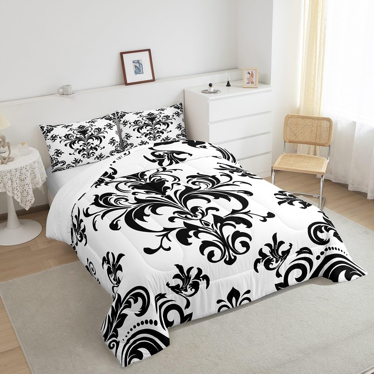 Baroque Damask Comforter Queen Black White Gothic Boho Floral Bedding Set For Boys Girls Adults Abstract Geometric Flowers Comforter Set,European Victorian Style Quilt Duvet 2 Pillow Cases
