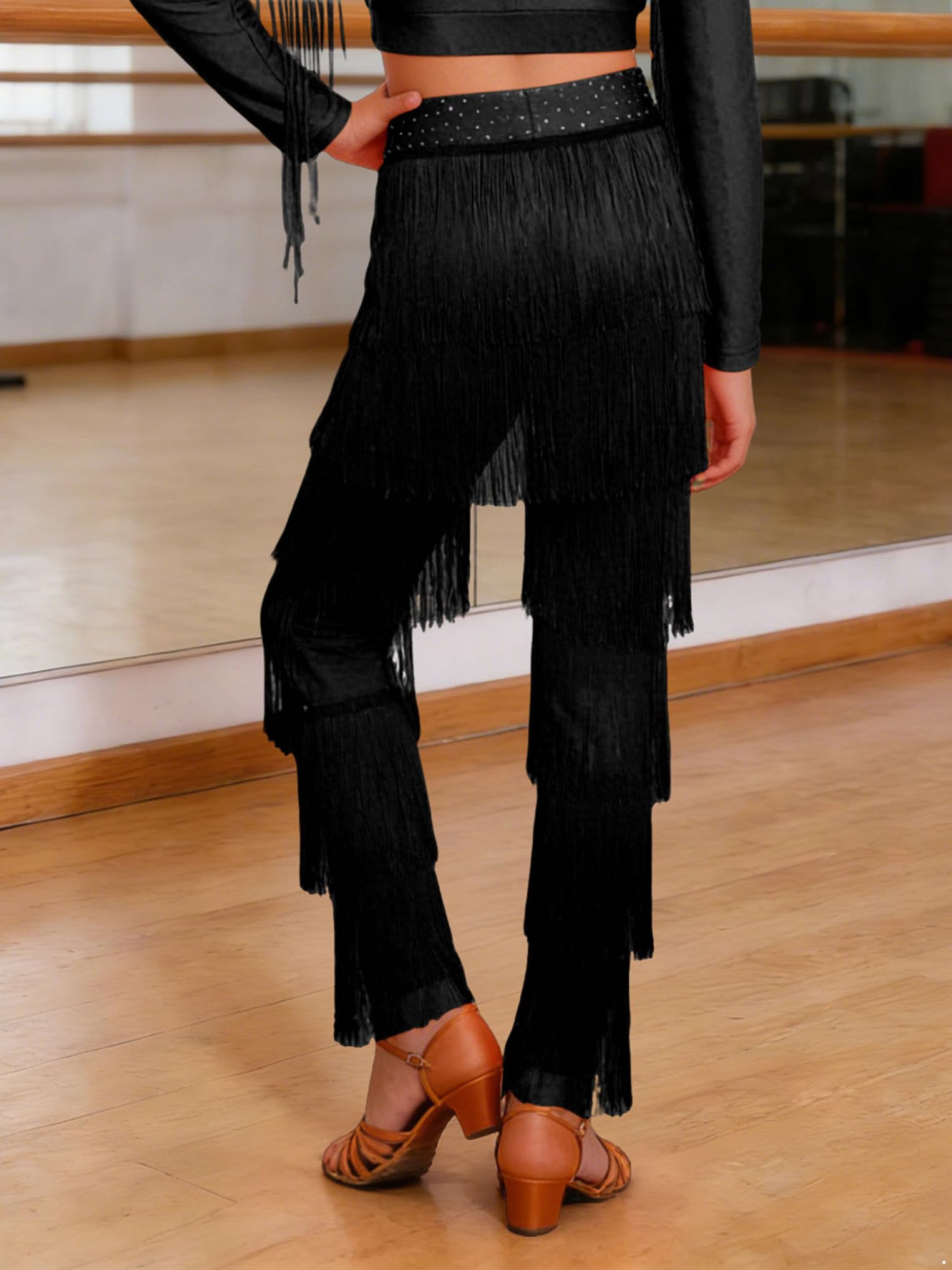 Oyolan Pantalone Bambina Danza Latina Salsa Rumba Tango Jazz Moderno Pantalone con Frange E Strass Danza