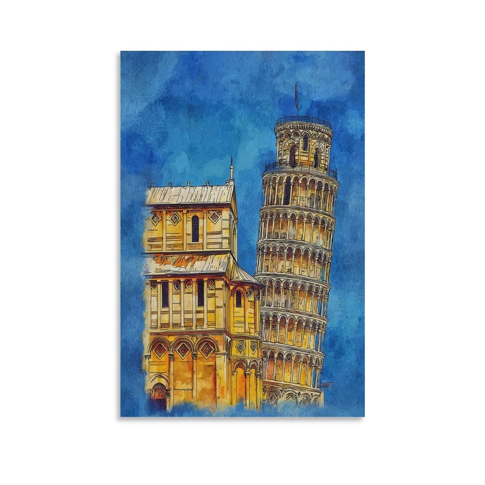 Cnaheiz Unframe-Style Pisa Italy Leaning Tower Of Pisa 20X30inch(50X75cm) Vintage Travel Poster Watercolor Canvas Art