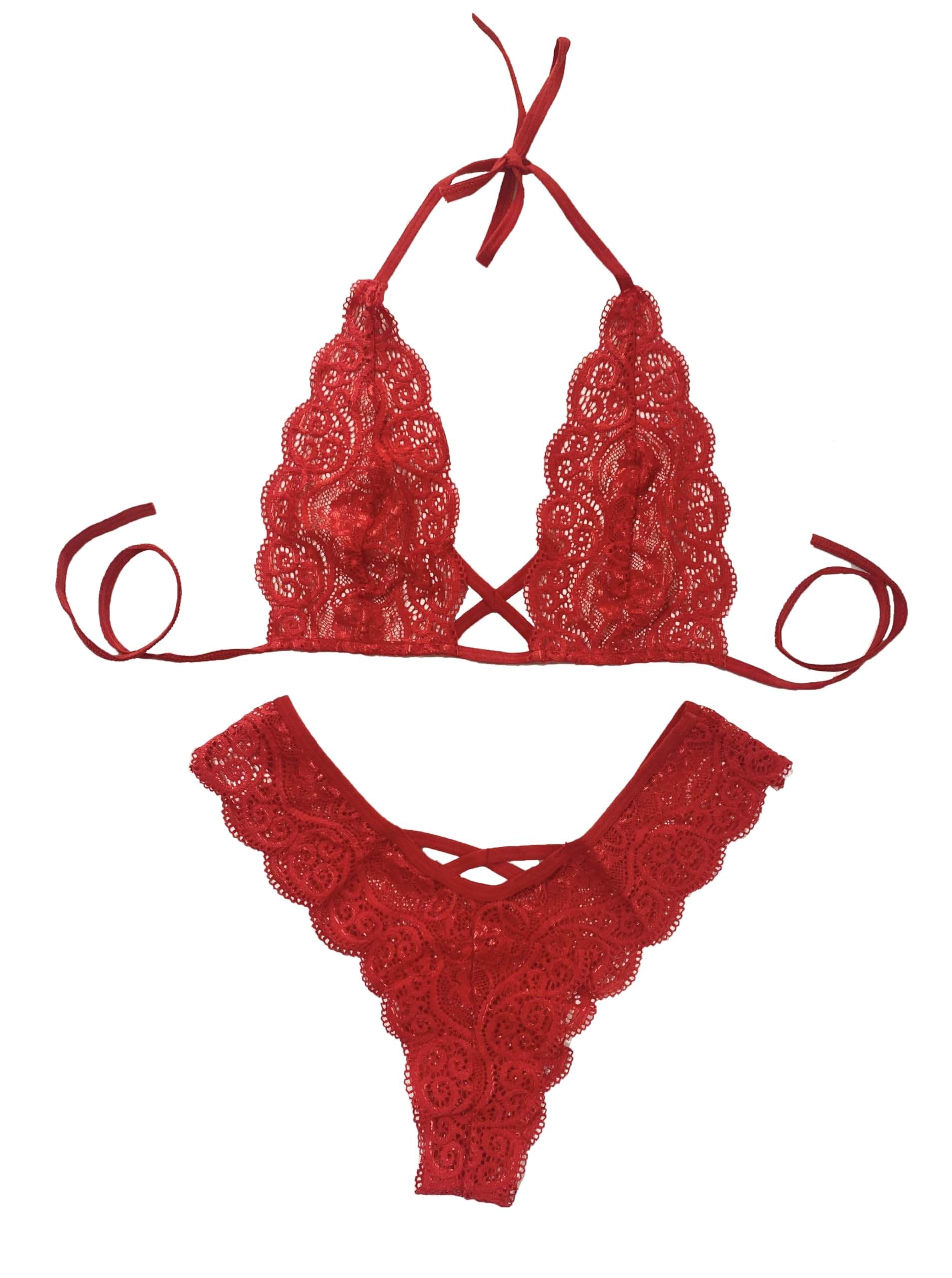 xs and os Women Cross Style Lace Bra Panty Lingerie Set (1. Red, X-Large)-picture-11