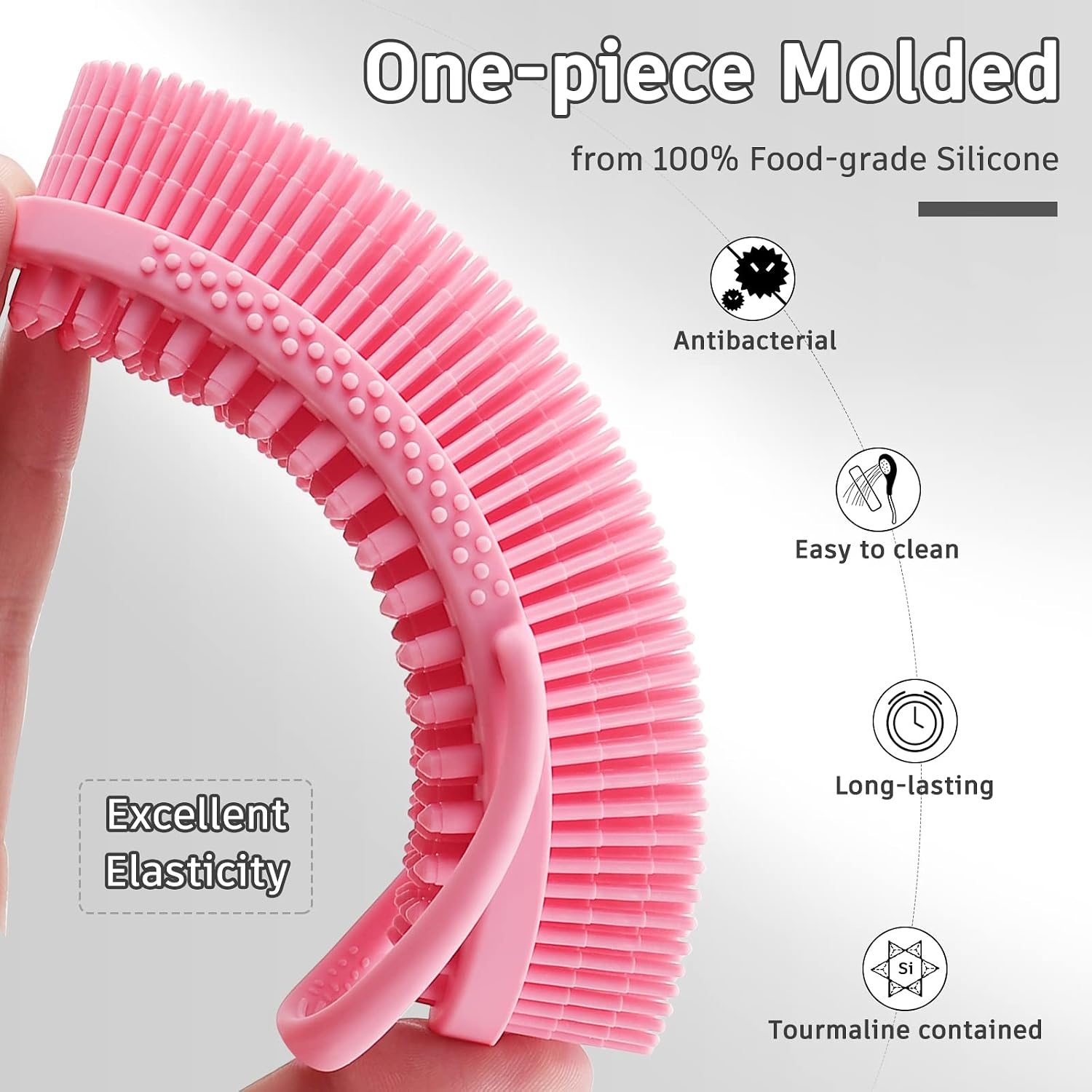 FREATECH Exfoliating Silicone Body Scrubber with Built-in Loop Handle, Dual-Sided Bath Shower Body Brush for Deep Cleansing and Massage, Easy to Hold and Hang, Hygienic and Long-Lasting, Pink