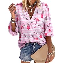 ZXZY Hawaiian Shirts for Women Flamingo Pineapple Printed Half Sleeves Buttons Down Blouse