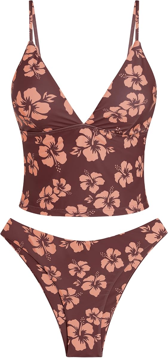 ZAFUL Women's V Neck Tummy Control High Waisted Tankini Swimsuits
