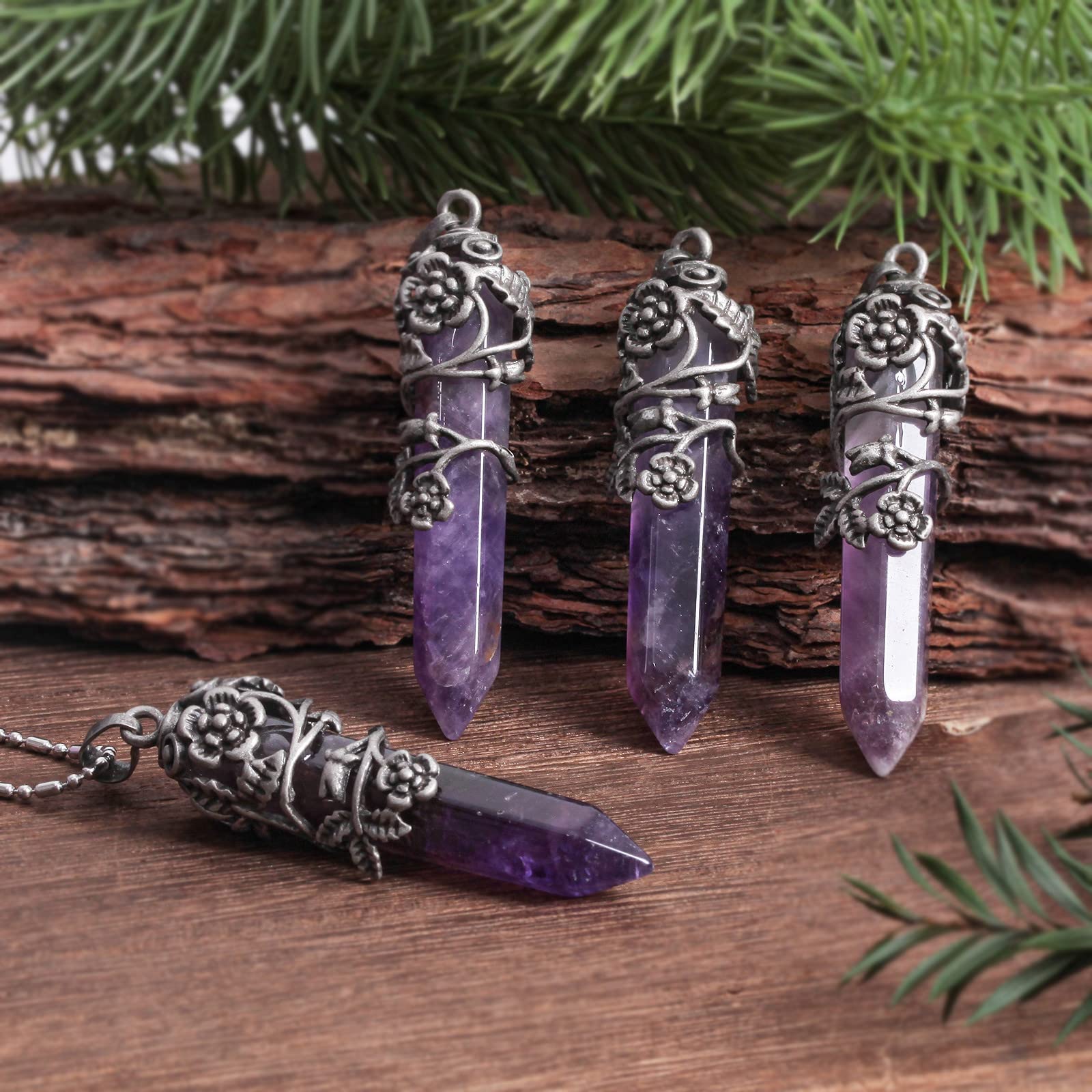 Nupuyai Vintage Flower Amethyst Crystal Point Pendant Necklace for Women Hexagonal Pendulum Reiki Wrap Stone Pendant with Chain - Image 3