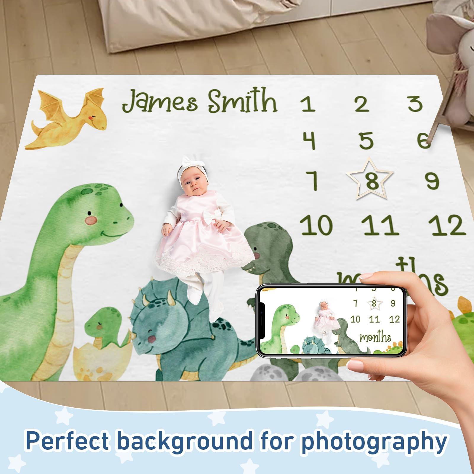 Personalized Baby Milestone Blanket for Boys Girls Baby Month Blanket- First Year Calendar Monthly Growth Chart - Dinosaur Theme Halloween Birthday Gifts for Infant Todder(30