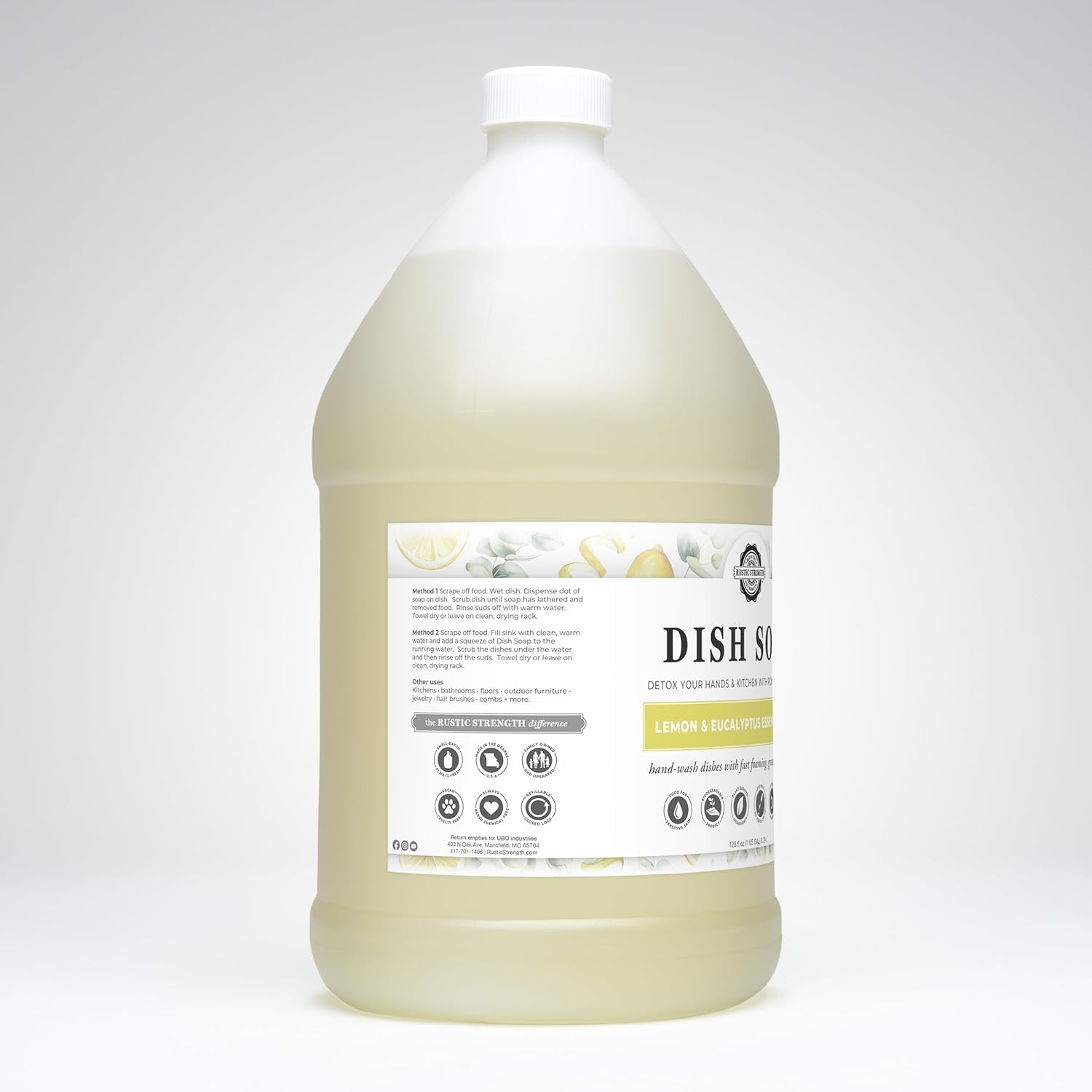 Rustic Strength Natural Dish Soap, Lemon & Eucalyptus, High-Lathering, Concentrated, Biodegradable, Plant-Based Formula, 1 Gallon Plastic