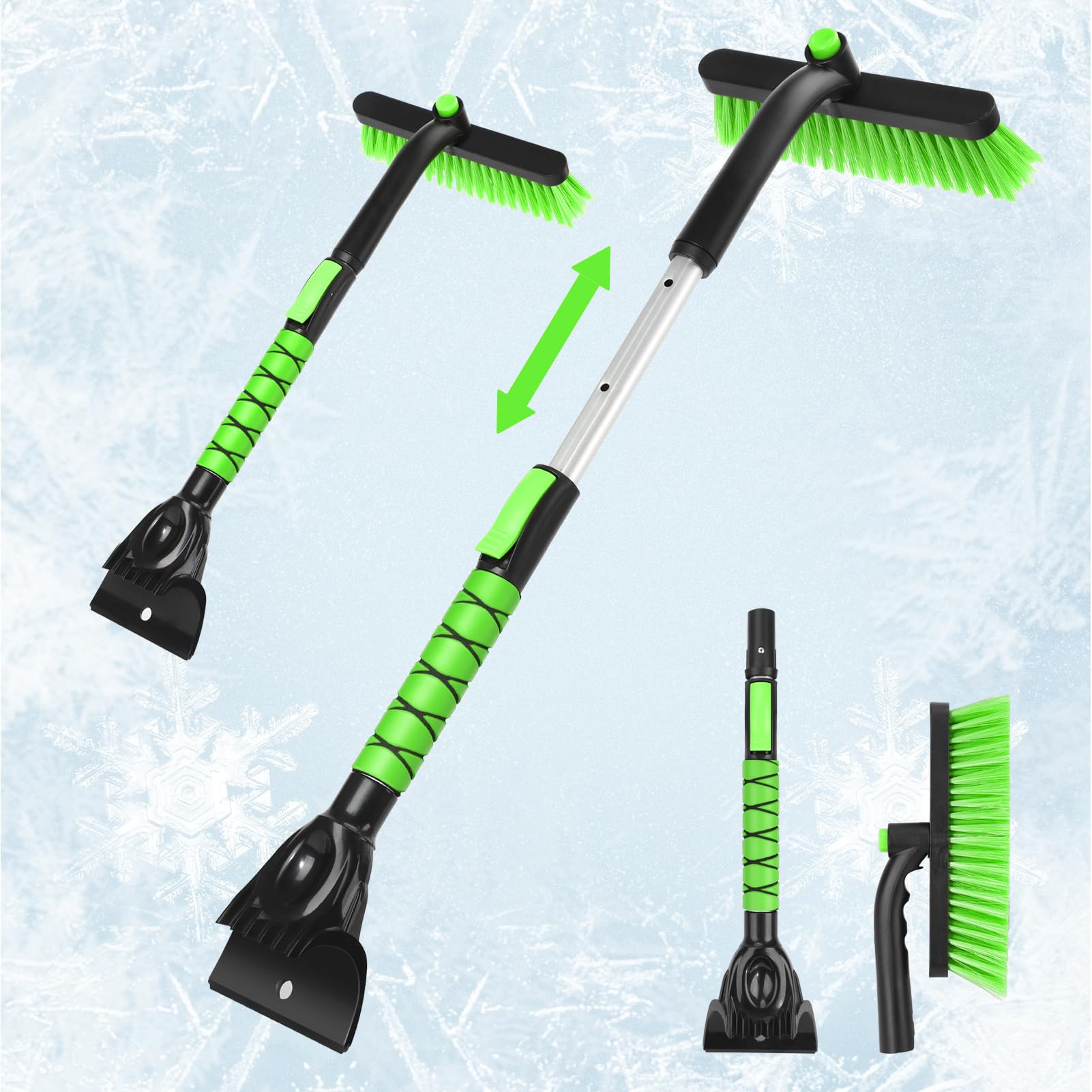 Rascador de Hielo de 33 Pulgadas y Cepillo de Nieve Extensible para Parabrisas de automóvil y Agarre de Espuma con Cabezal de Cepillo Giratorio de 360° para Navidad, automóvil, camión, SUV