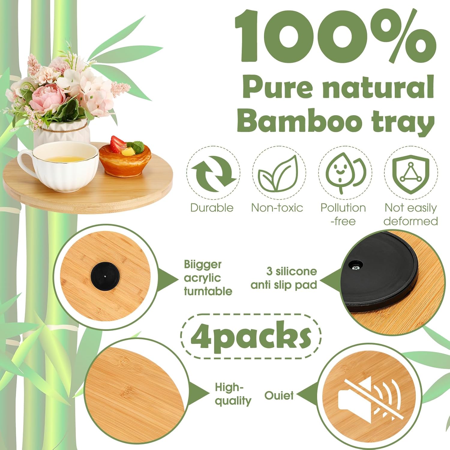 Tanlade 4 Pcs Bamboo Wooden Lazy Susan Organizer Lazy Susan Turntable for Cabinet Non Skid Kitchen Tray Revolving Condiment Spice Rack for Counter Wedding Table Organization Storage Supplies(13 Inch)