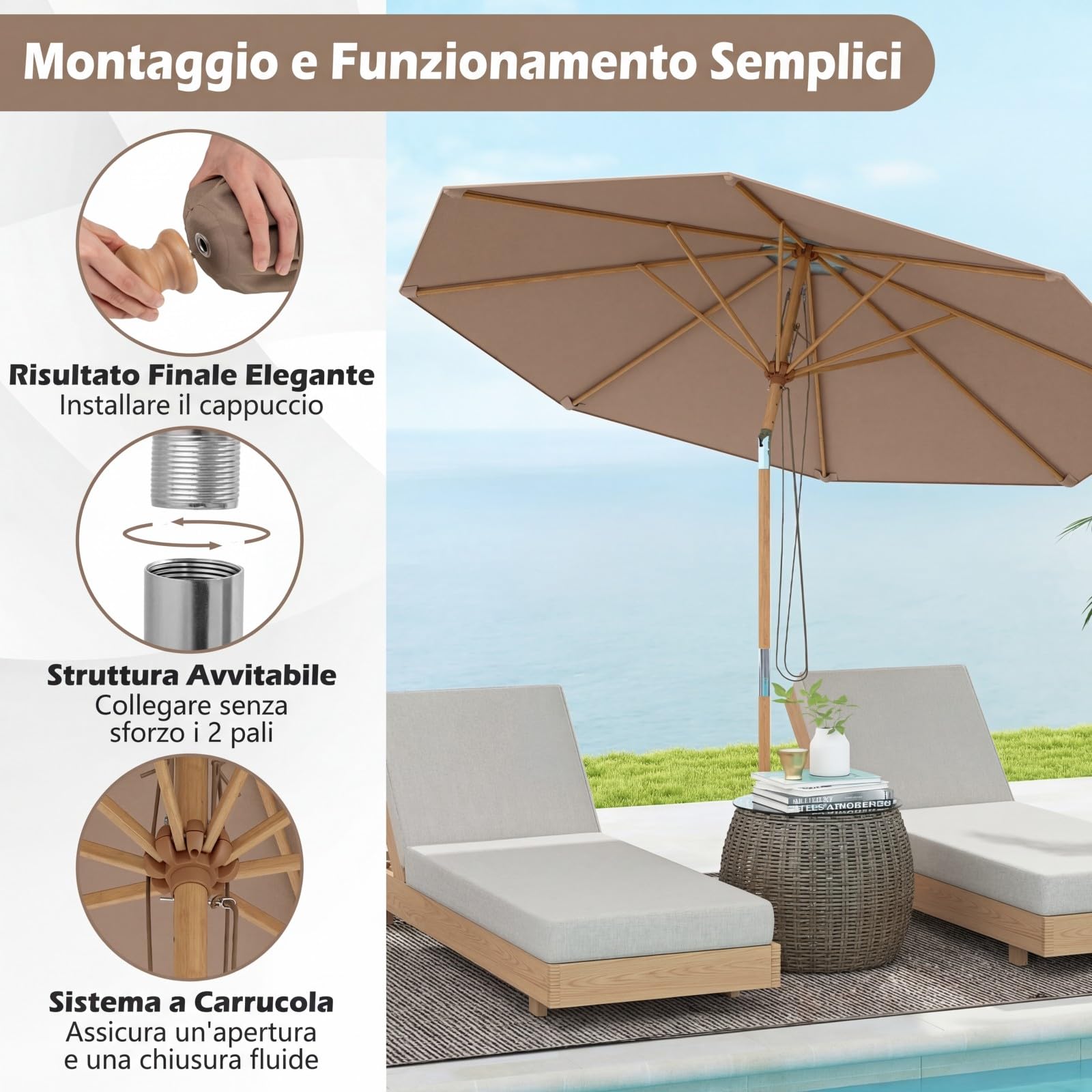 COSTWAY Ombrellone da Giardino 280 cm, Ombrellone Inclinazione Regolabile a 30°, con 8 Stecche, per Spiaggia Piscina Cortile (Marrone)