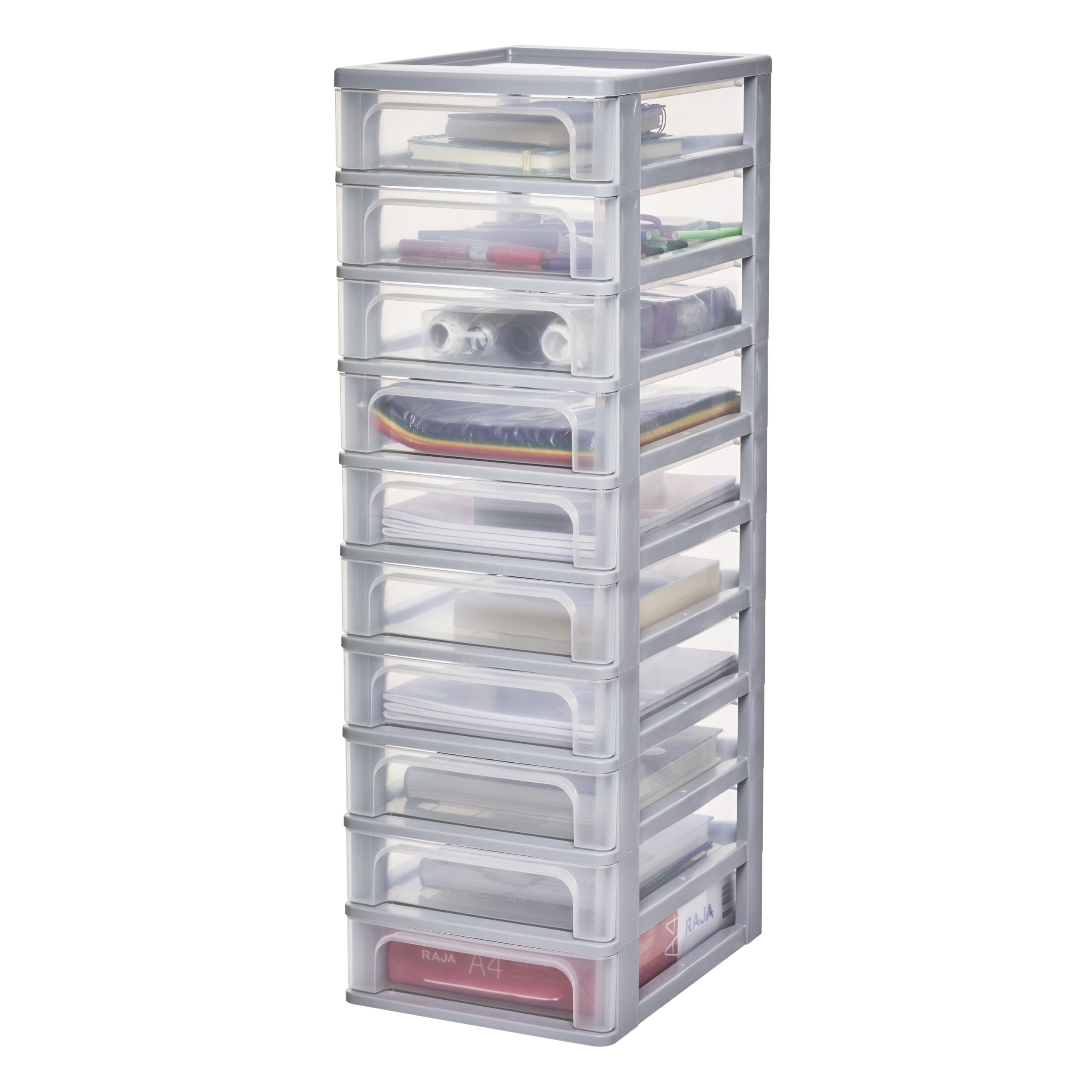 Iris Ohyama Cassettiera in Plastica, Portaoggetti, 10 Cassetti Medi, Grigio, Apertura Facile, Formato A4, A5 e A6, Organizzatore, Per Ufficio, Scuola, Cartoleria, Senza BPA, Contenitore, OCH-2100