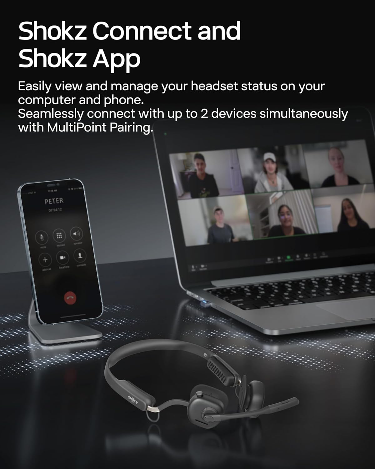 SHOKZ New OpenMeet - Open-Ear Bluetooth Computer Headset, Noise Cancelling Mic + Mute Button, Bluetooth 5.4 Compatible with PC & Mac, Wireless Work Headphones, Customizable Fit, Smart App - C610 - Image 9
