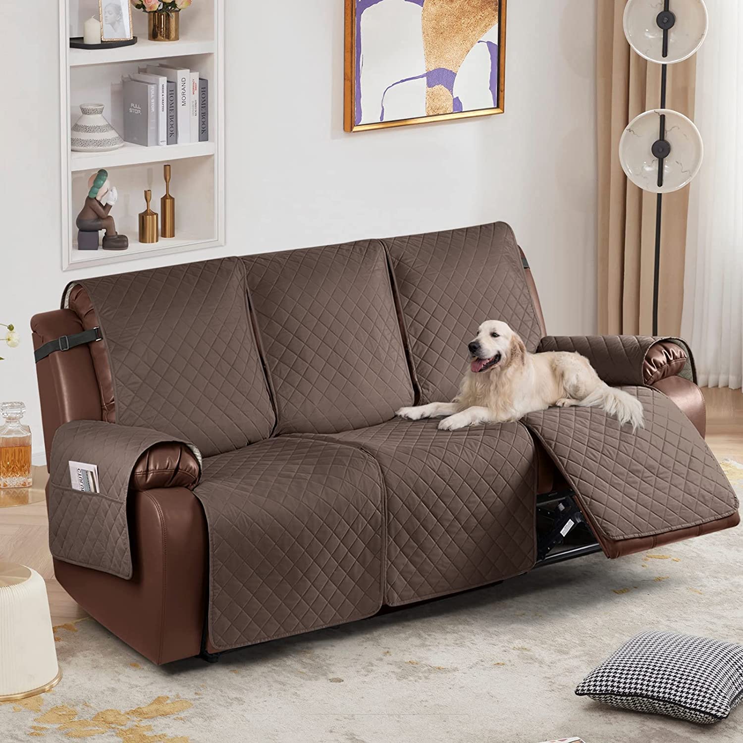 Funda de Sofá Reclinable Funda de Sillón Relax con correa elástica Fundas de Butacas Relax Antideslizantes Fundas de Muebles lavable para el hogar con mascotas y niños (Café,3 Plazas/Sofá)