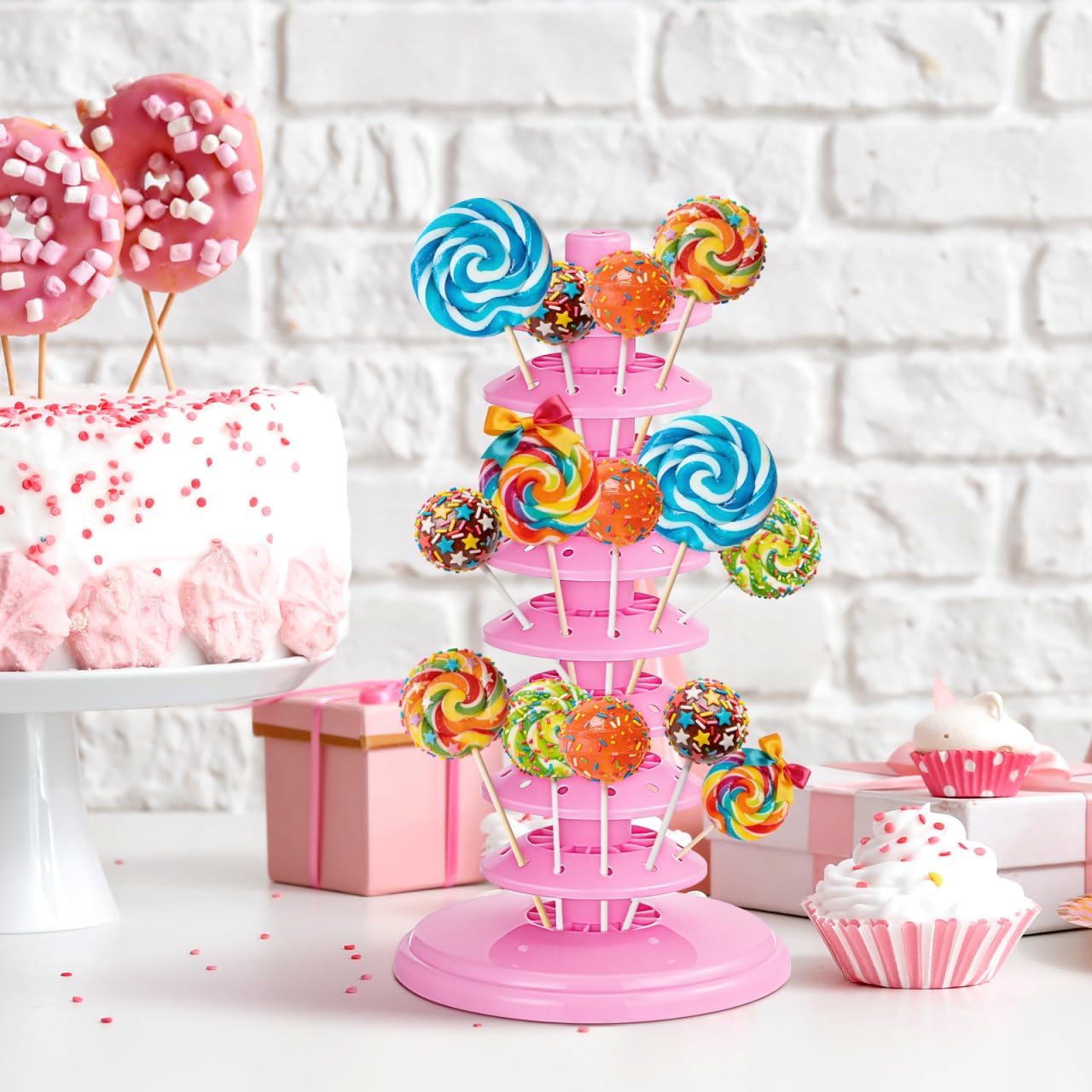 PRETYZOOM Pink Adjustable Multi-Tier Lollipop Stand Candy Display Rack for Parties Weddings Store Use 10.62X5.31X5.31 Inch Lollipop Holder for Kids and Events