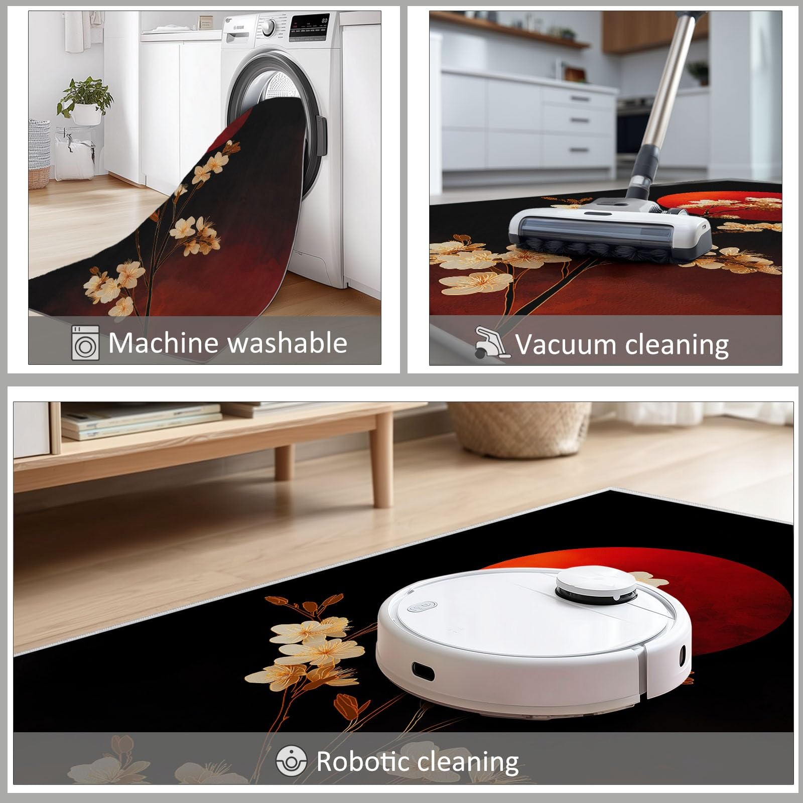 Antidérapante Tapis de Salon Chambre - Salon Super Doux Salle à Manger Faux Tapis en Laine, Motif Fleurs crème Soleil Rouge Style Japonais Rug Décoratif Résistant Lavable Noir et Rouge 120 x 180cm