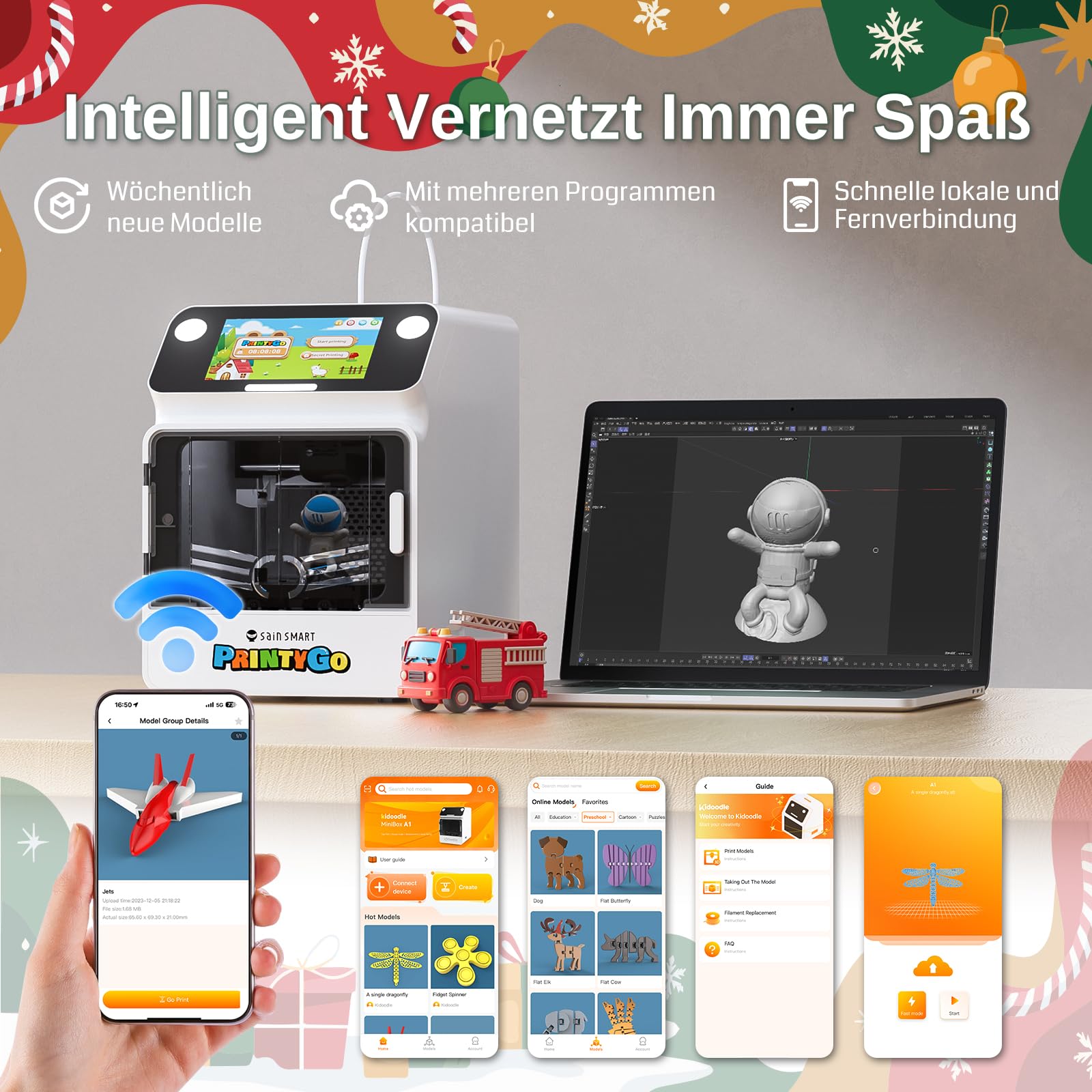 SainSmart PrintyGo Mini 3D-Drucker für Kinder – 600 mm/s Auto-Leveling, 5"-Touchscreen, 1500+ Modelle, Kindersicher, Wi-Fi/App-Steuerung, Vormontiert – Perfektes STEM-Lernspielzeug