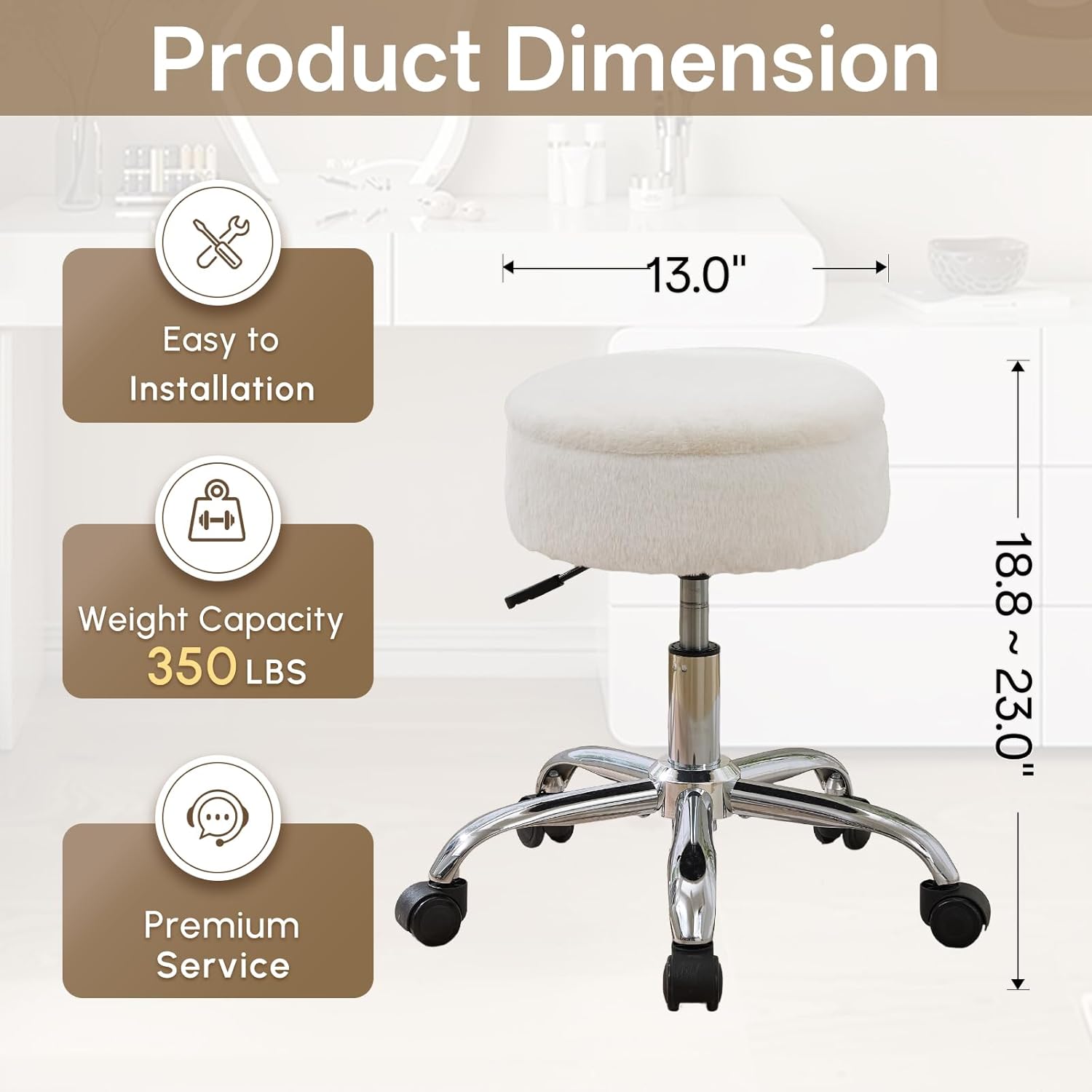 Gitrah Vanity Chair with Wheels Adjustable Vanity Stool with Storage Swivel Vanity Stool for Vanity Rolling Makeup Stool Chair Faux Fur Off White