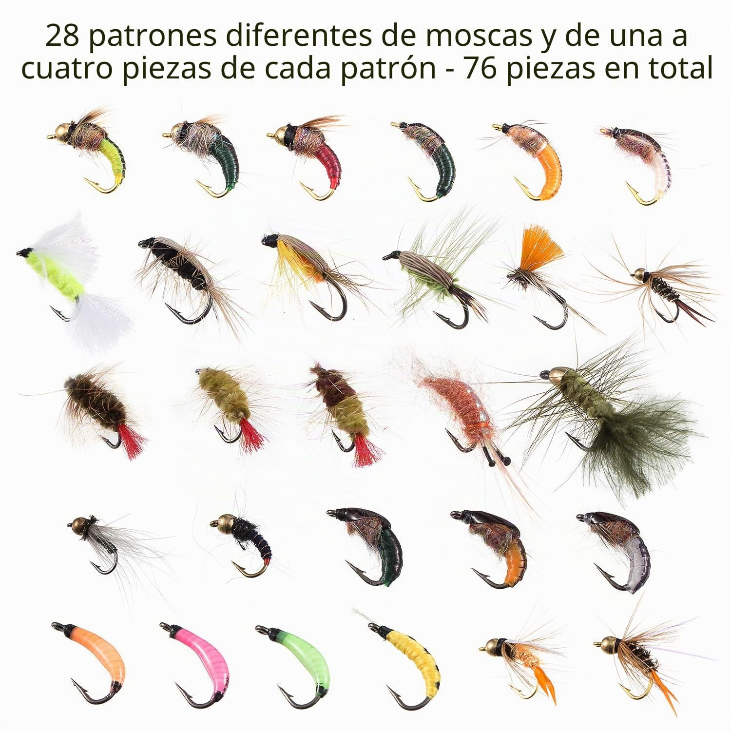 BASSDASH Kit de Moscas de Pesca con Mosca, Surtido de Moscas, Pesca de lubina con Caja de Moscas, 36/64/72/76/80/96 Piezas con Moscas secas/húmedas, ninfas, serpentinas, Popper