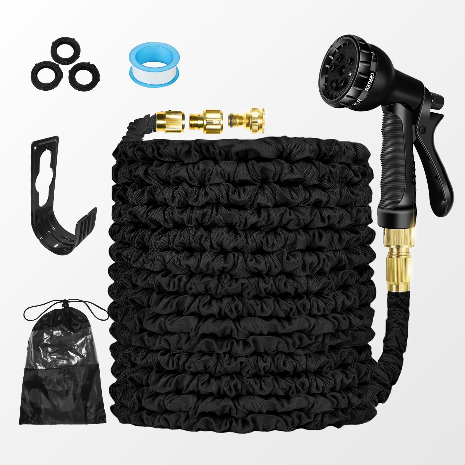 Garden Hose Pipe Expandable 30m(100ft) Heavy Duty Flexible with Spray Gun, 3/4" 1/2" Solid Brass Fittings, Triple Latex Core, 8 Fuctions Kink Free Leak Proof Hosepipe, Black
