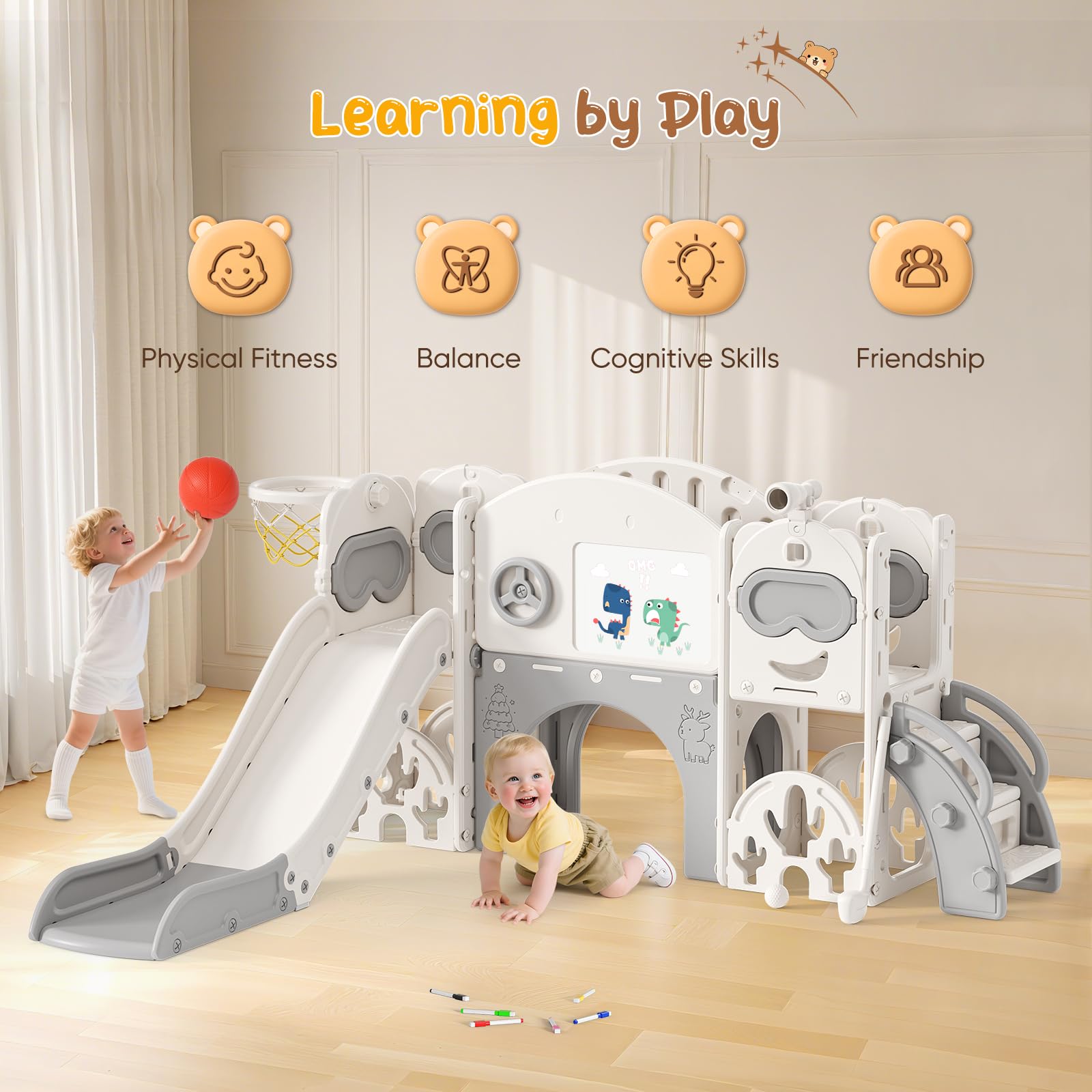Tobogán Multifuncional 11 En 1 Para Niños – Con Aro De Baloncesto, Pizarra Magnética, Volante, Escalera, Pasillo, Zona De Golf Y 2 Almacenamientos, De HDPE Resistente, Para Interior Y Exterior