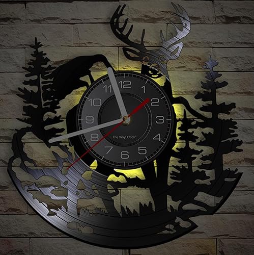 Miniatura 5 de Reloj de pared de vinilo LED de caza de ciervos con 7 colores que cambian de álbum reutilizado, naturaleza, vida silvestre, paisaje, sombra de alce,