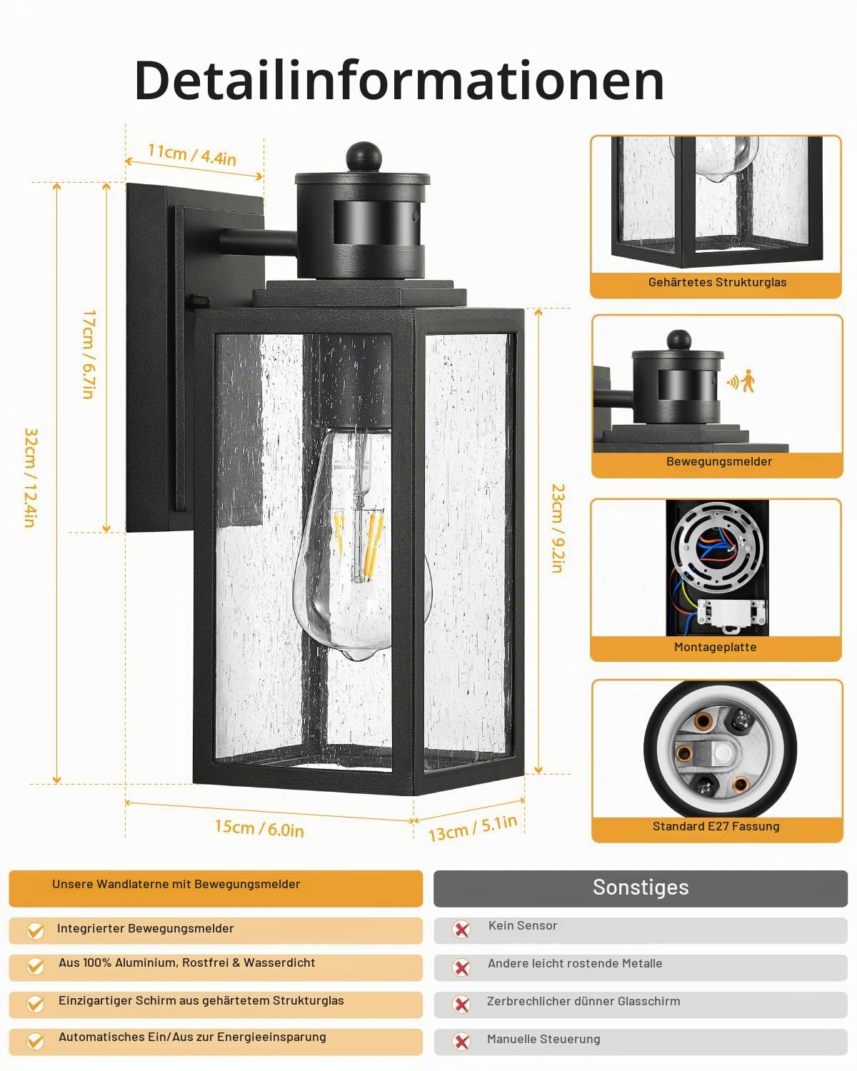 VIANIS Außenleuchte mit Bewegungsmelder, Modern PIR Aussenlampe Wand für Häuser, E27 Wandleuchte Schwarz mit Seed-Glas, Wasserdichte Außenbeleuchtung aus Aluminium, Außenlampe Eingangsleuchte für Flur