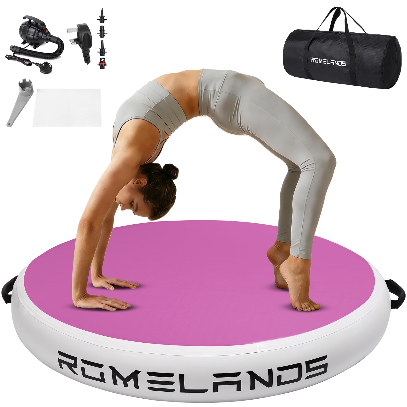ROMELANDS 3.3FT Air Spot Gymnastics Mat, Inflatable Round Tumble Air Barrel with Electric Pump, Back Handspring Trainer for Yoga, Cheerleading & Home Gym