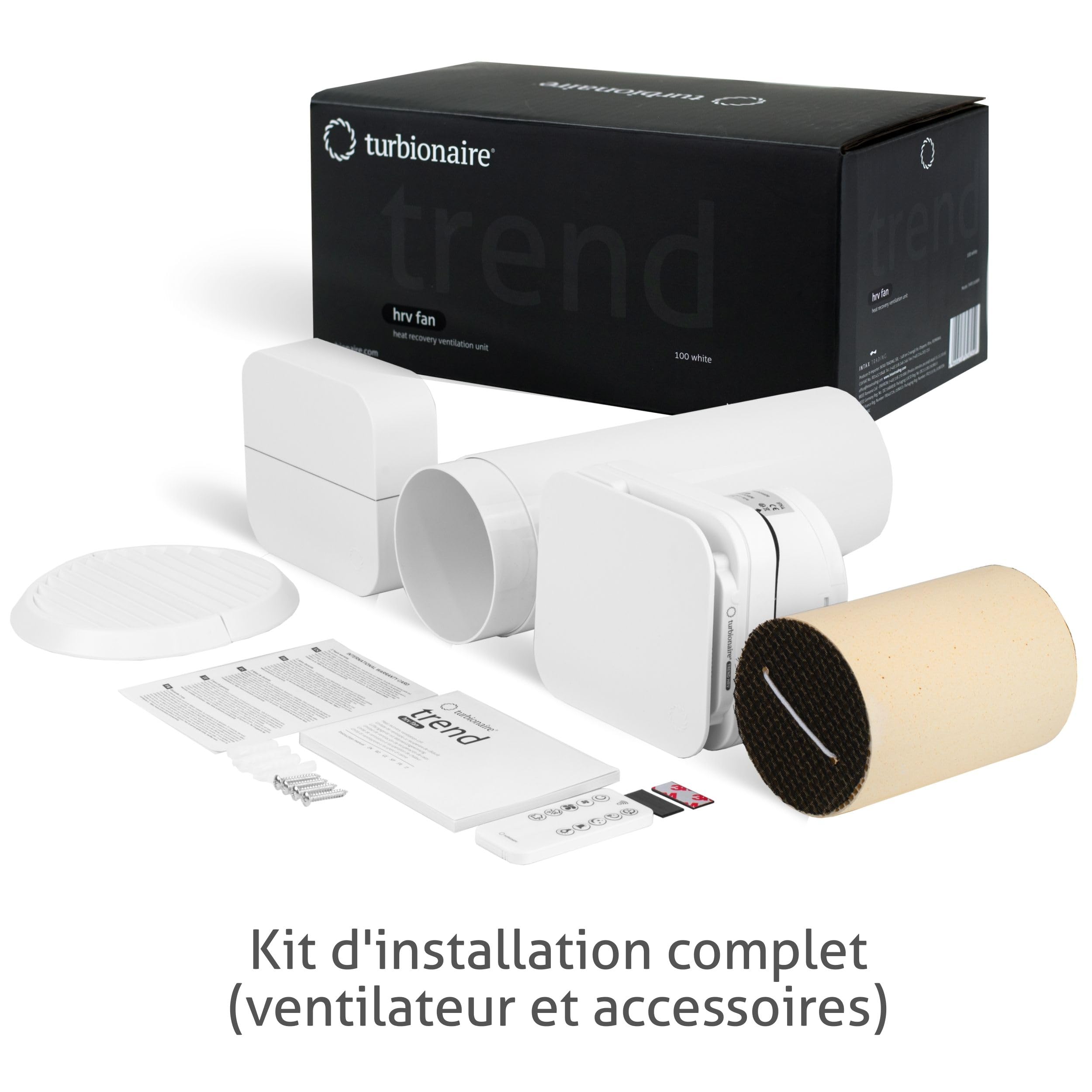 Turbionaire Trend HRV Unite de VMC Décentralisée à flux alternatif, Récupérateur de Chaleur Céramique, Capteur d'Humidité, Télécommande, Minuterie, 8 Vitesses, 100 mm, Silencieuse, Garantie 3 ans