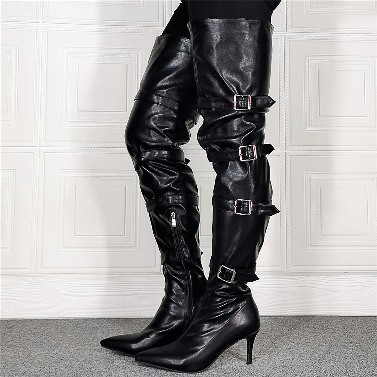 Zapatos de tacón de tacón de Stiletto para Mujer Punta de Punta de Punta Larga sobre la Rodilla Montar con Las Botas Altas de Ajuste Ancho con Correa de Hebilla Ajustable,Black-41