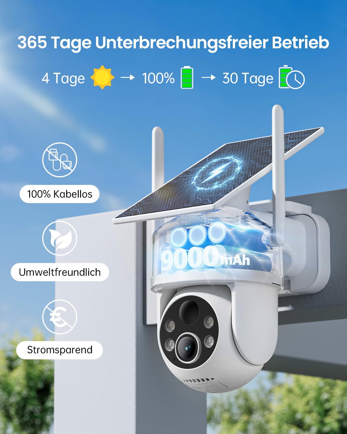 CZEview 4K 8MP UHD Überwachungskamera Aussen Akku Solar, 100% Kabellos
