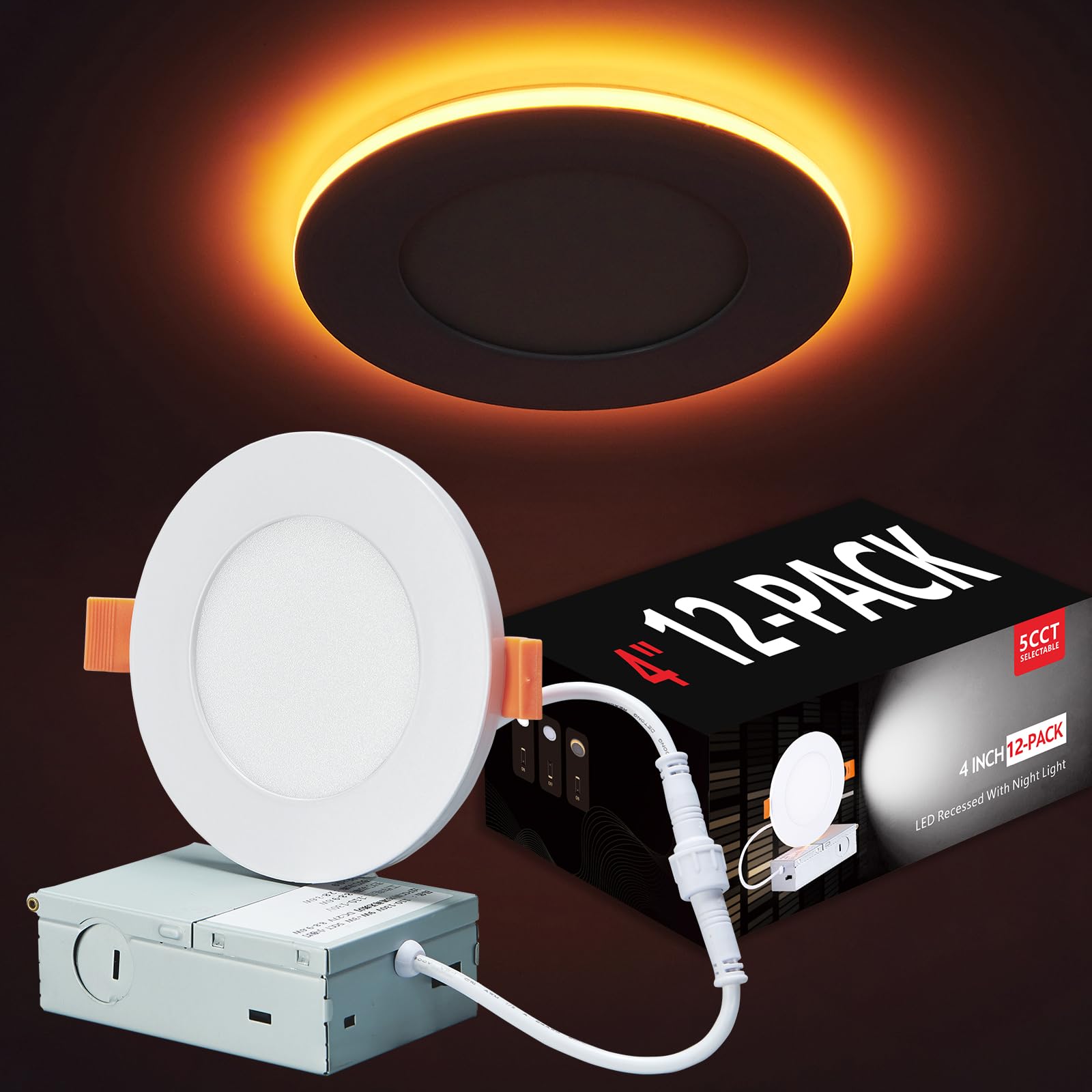 Togalonn 12 Pack LED Pot Lights 4 inch Dimmable with Nightlight, Canless & 5CCT Recessed Lighting, Exterior Soffit Downlight, ETL Listed, IC Rate, 9W