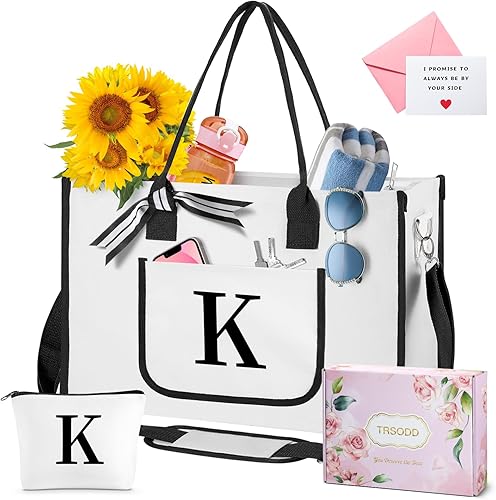 TRSODD Regalos personalizados de cumpleaños para amigas, bolsas de mano Can-vas para mujer con bolsa de maquillaje, bolsillo interior de playa