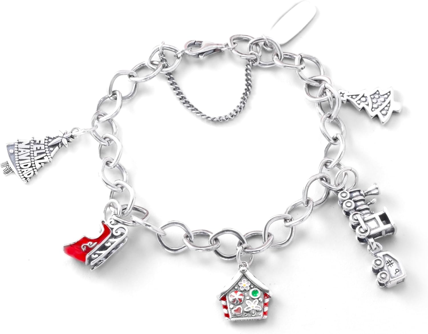 S925 JA Christmas Charm Bracelet, Sterling Silver with Santa Hat, Red Truck, Star & Wreath Charms