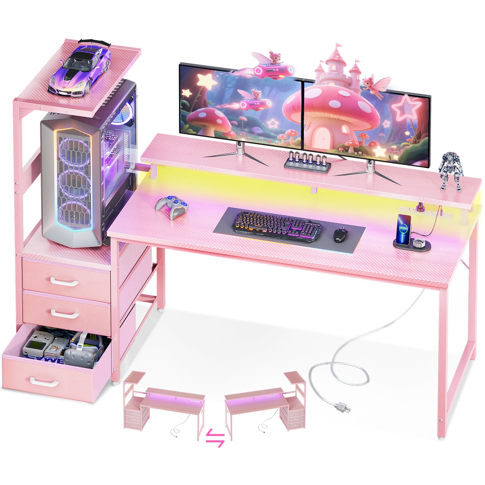 AODK 59 Inch Gaming Desk with USB Charging Ports & LED Light- Reversible Computer Desk with Storage Shelves & Monitor Stand, Modern Gamer Desk Table