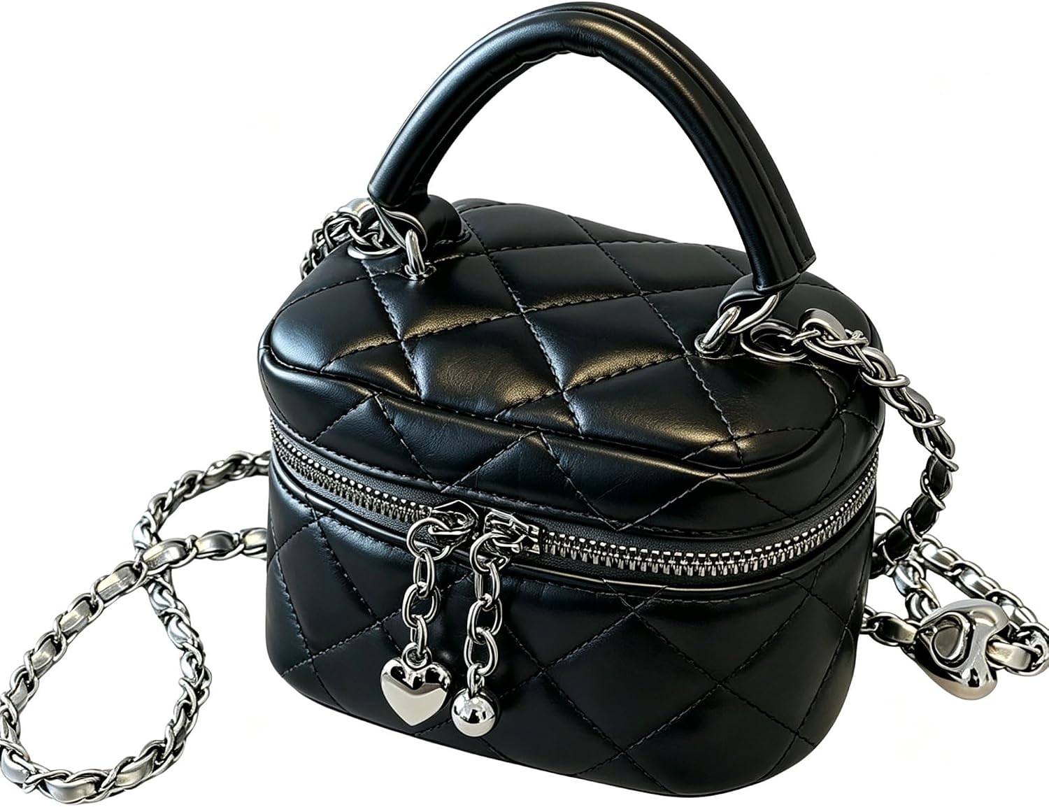 Mini Box Crossbody Bag, Silver Quilted Metallic Purse with Chain Strap, Top Handle & Heart Charm, Women's Evening Clutch