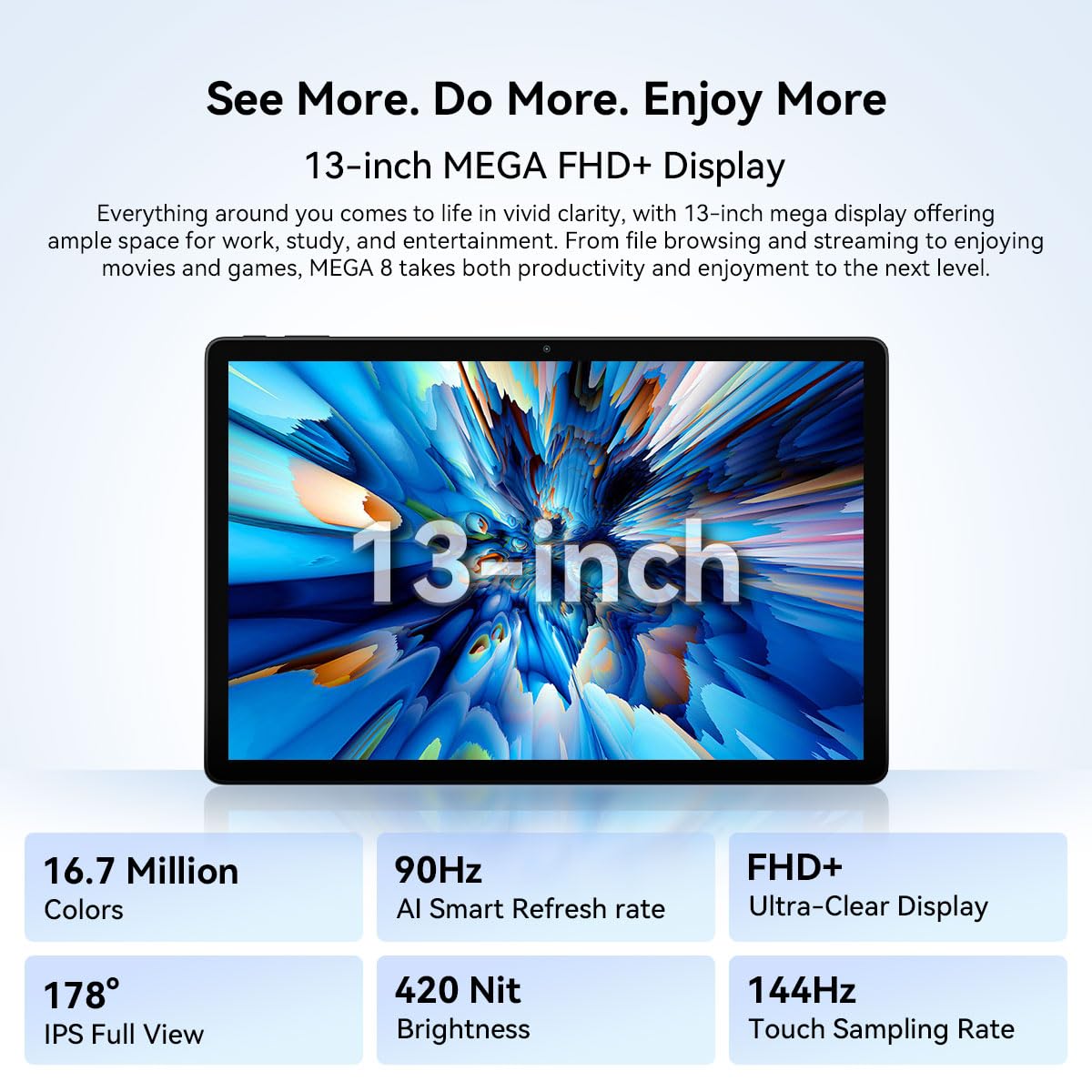Blackview Mega 8 Tableta 13 Pulgadas Android 15, 36GB+512GB/TF 2TB Tableta Táctil, Altavoces Quad-Box, 2K FHD+, 4G LTE WiFi 5G, 50MP+13MP, 11000mAh, Modo PC, OTG, Funda + Lápiz Inteligente, Negro